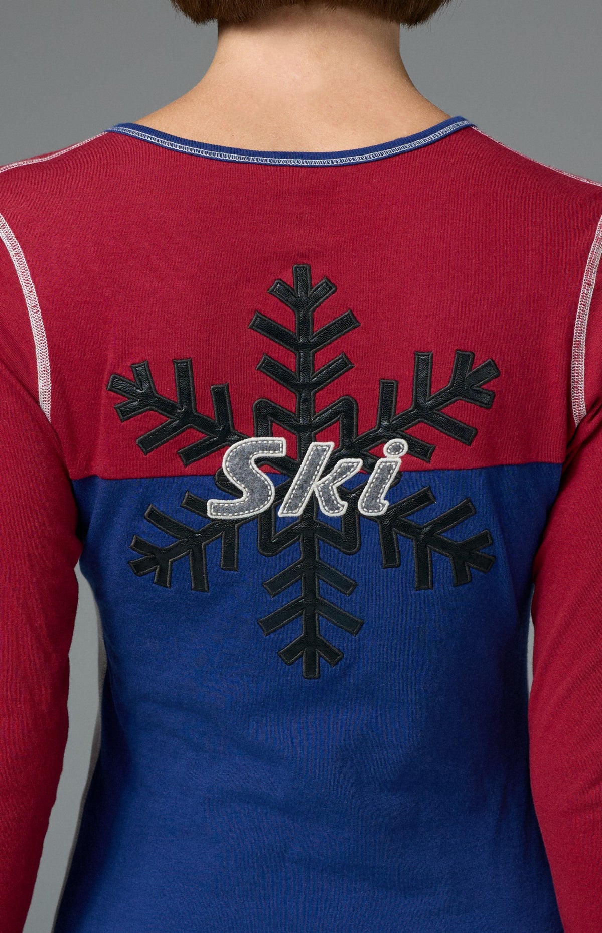 Alp N Rock Anja Henley Shirt, red and blue longsleeve henley shirt with white snowflake detailing