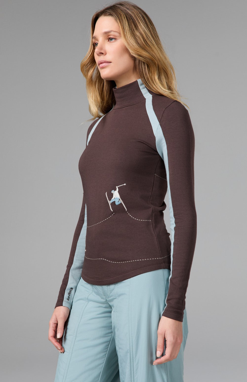Alp N Rock Ashna Longsleeve Mock Neck, brown longsleeve for women with light blue stripes and embroidered skiers