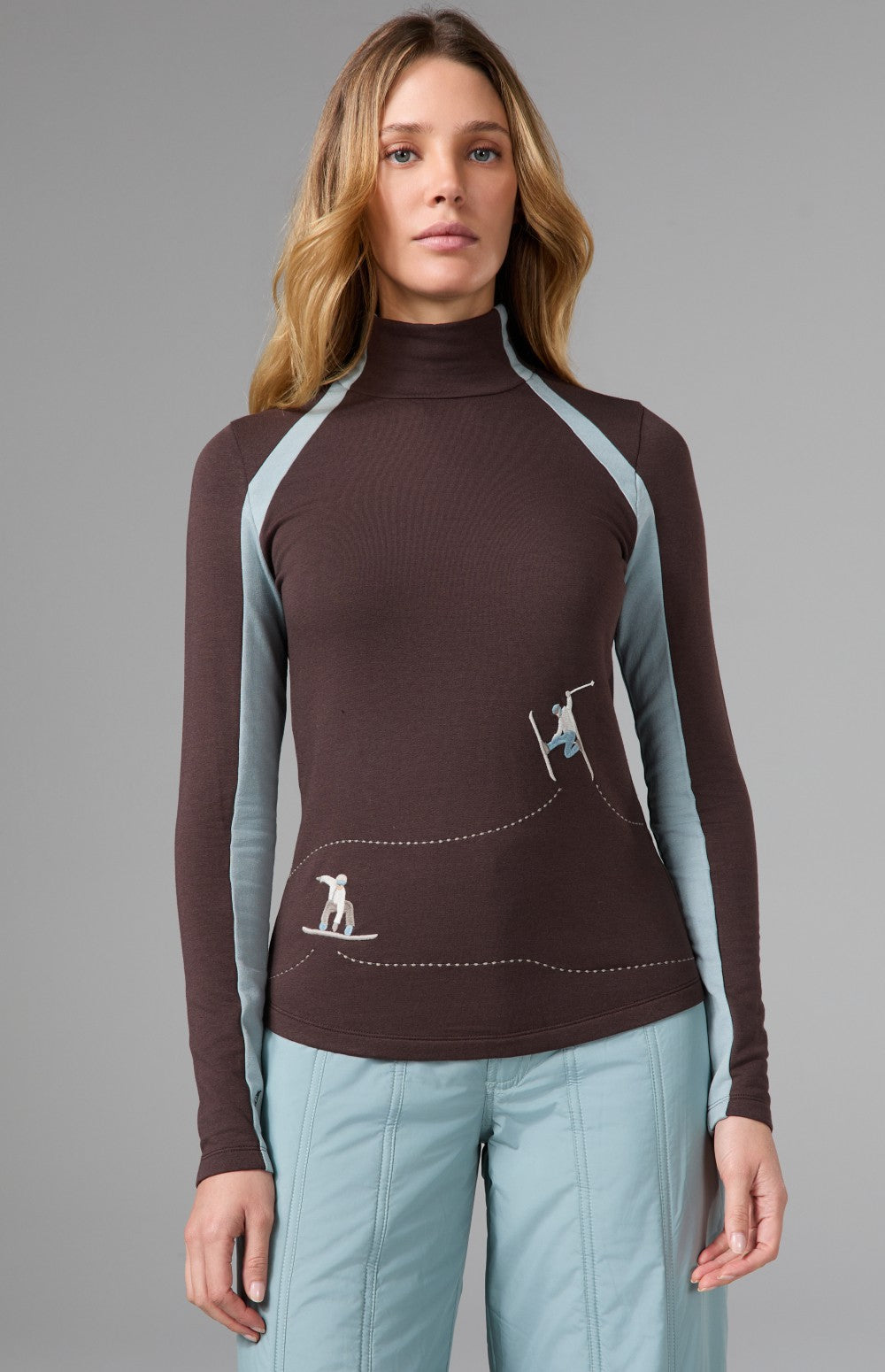 Alp N Rock Ashna Longsleeve Mock Neck, brown longsleeve for women with light blue stripes and embroidered skiers