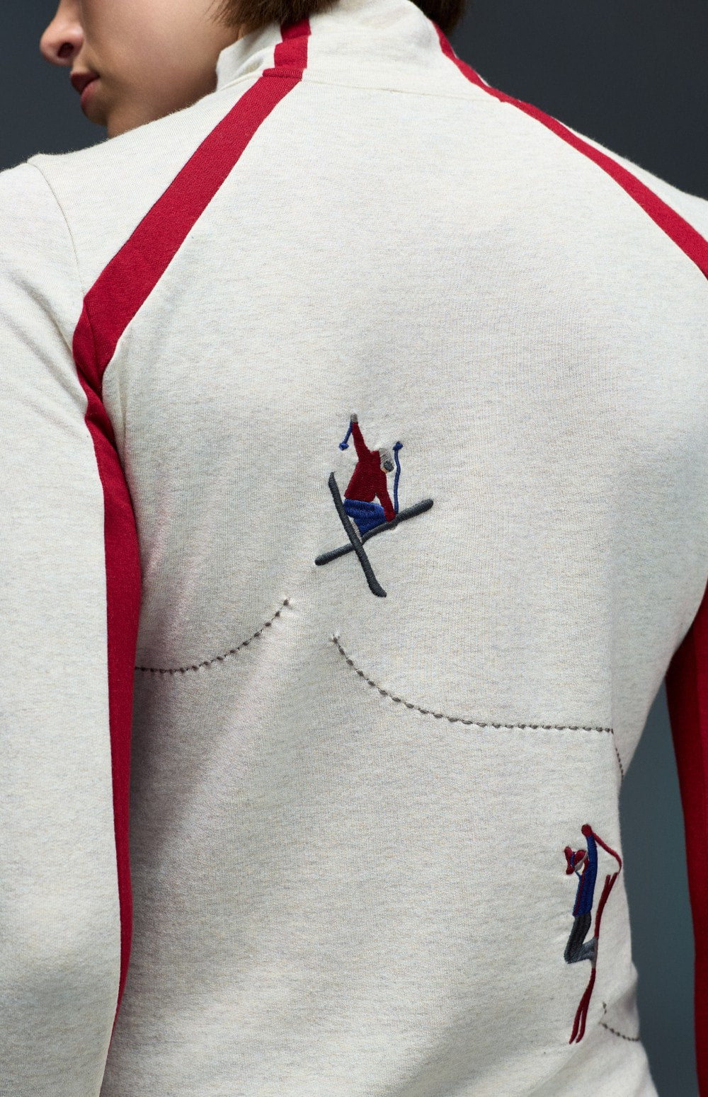 Alp N Rock Ashna Longsleeve Mock Neck, heather ivory longsleeve for women with red stripes and embroidered skiers