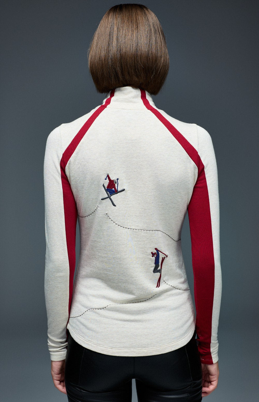Alp N Rock Ashna Longsleeve Mock Neck, heather ivory longsleeve for women with red stripes and embroidered skiers