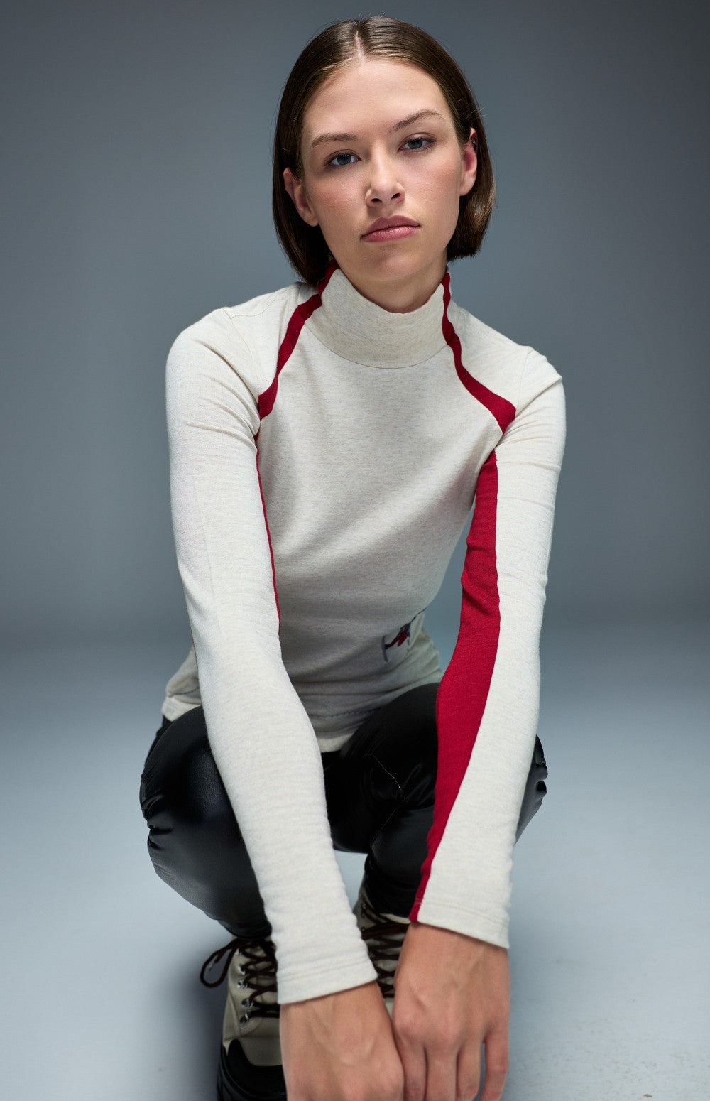 Alp N Rock Ashna Longsleeve Mock Neck, heather ivory longsleeve for women with red stripes and embroidered skiers