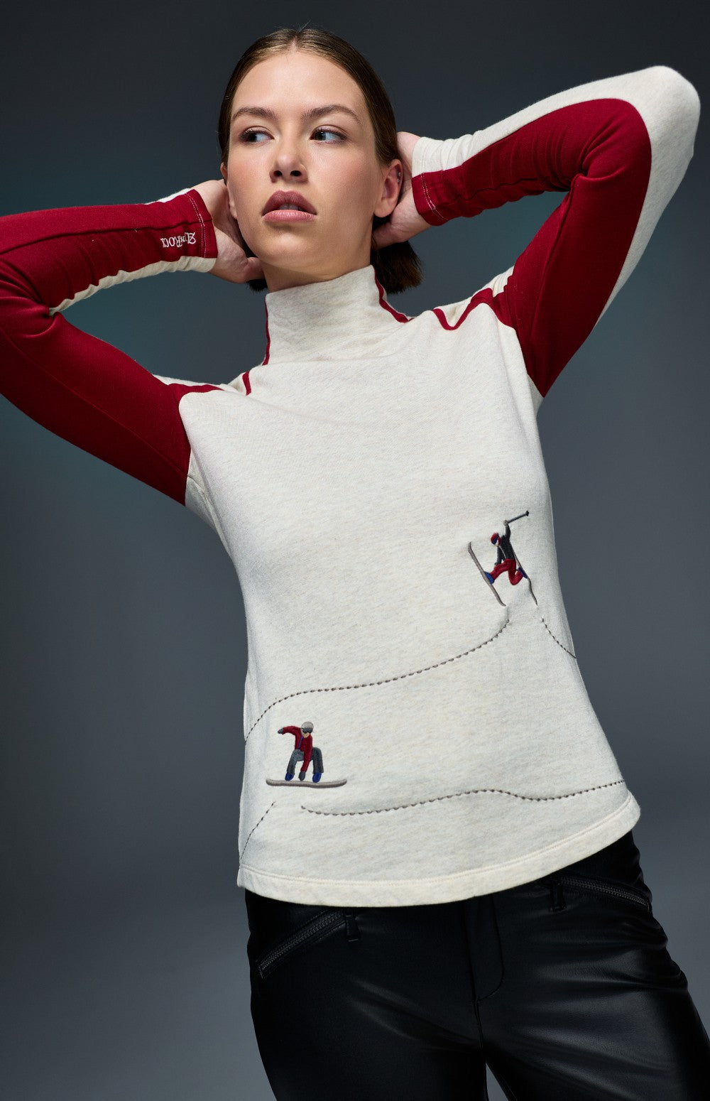 Alp N Rock Ashna Longsleeve Mock Neck, heather ivory longsleeve for women with red stripes and embroidered skiers