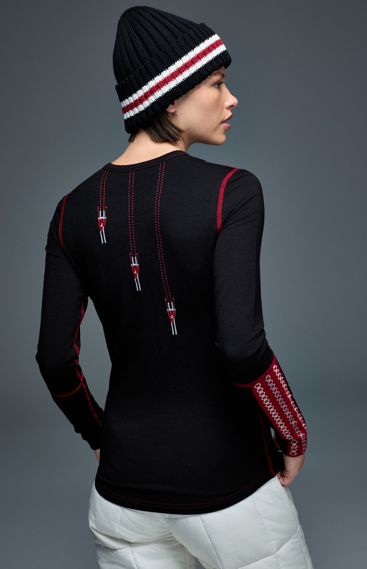 Alp N Rock Aspen Ski Crew, black longsleeve ski crew with red aspen lettering on chest and embroidered skiers