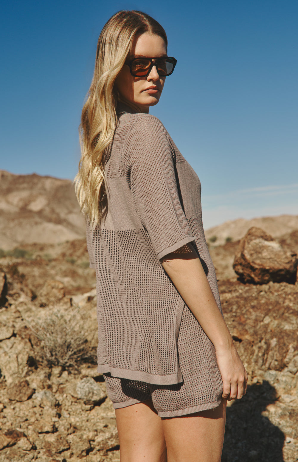 Alp N Rock Ayesha Polo, taupe open weave relaxed fit short sleeve polo sweater for women