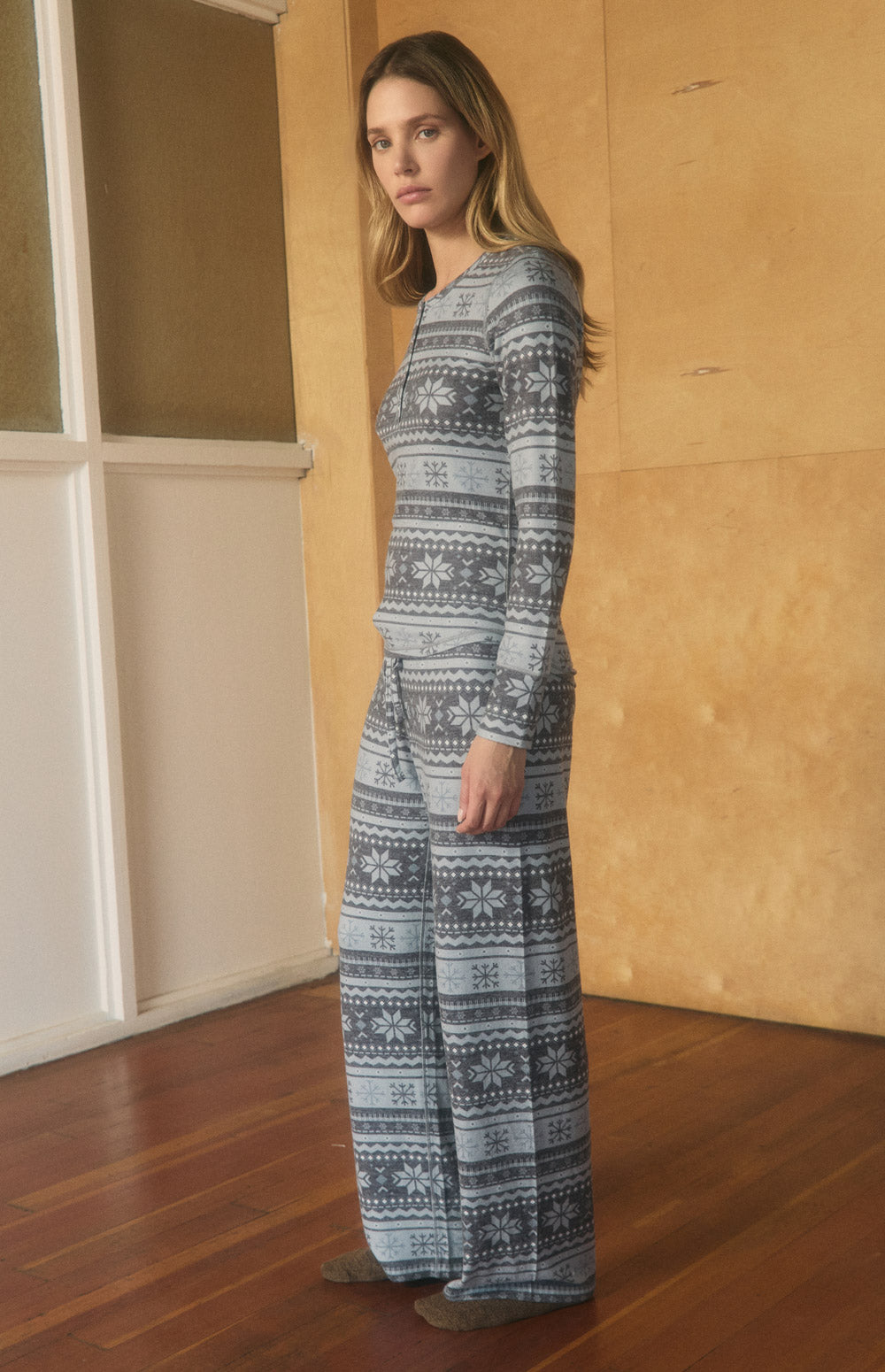 Alp N Rock Britney Shirt, grey tonal stripe lounge shirt for women with snowflake pattern