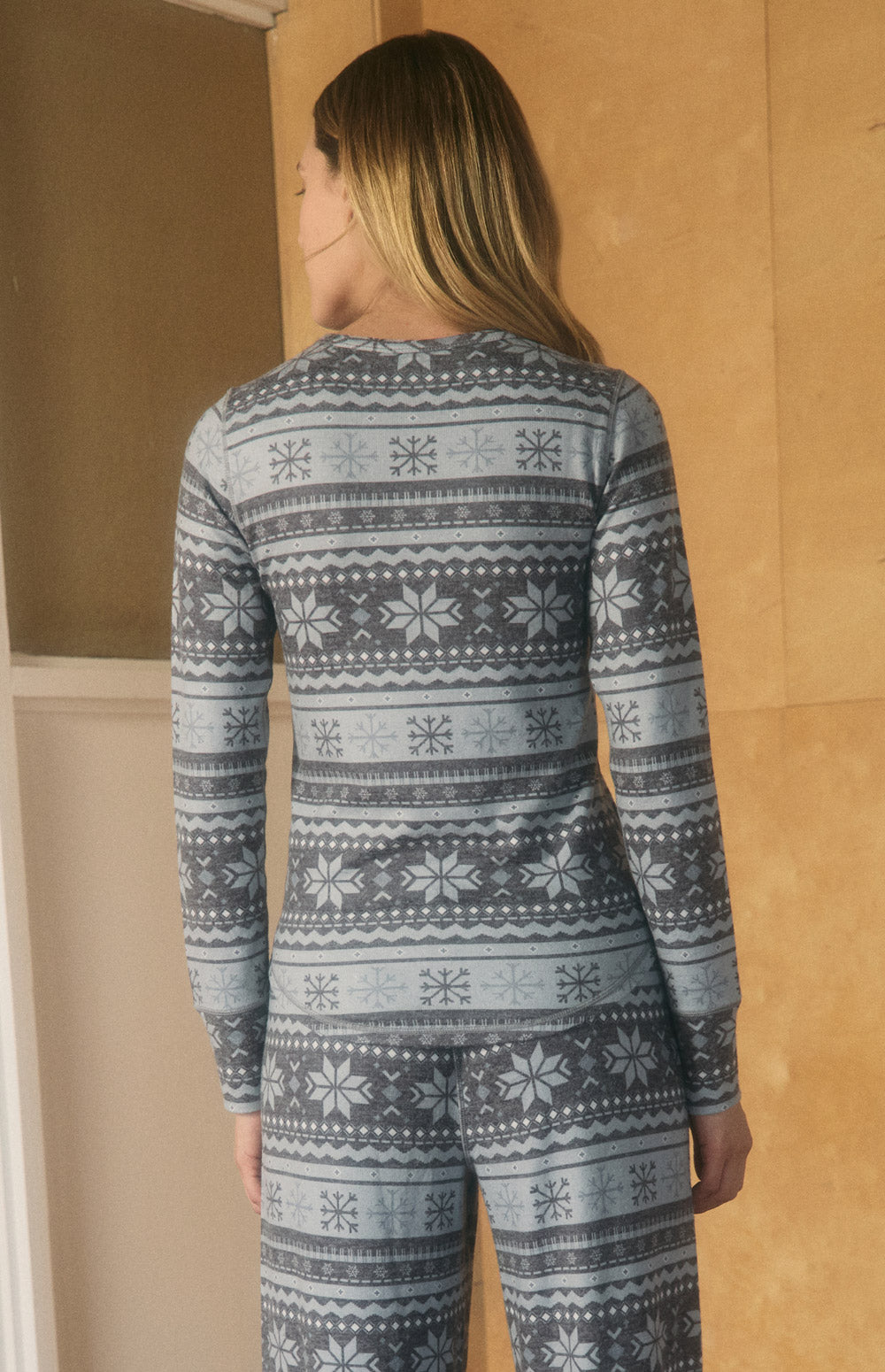 Alp N Rock Britney Shirt, grey tonal stripe lounge shirt for women with snowflake pattern