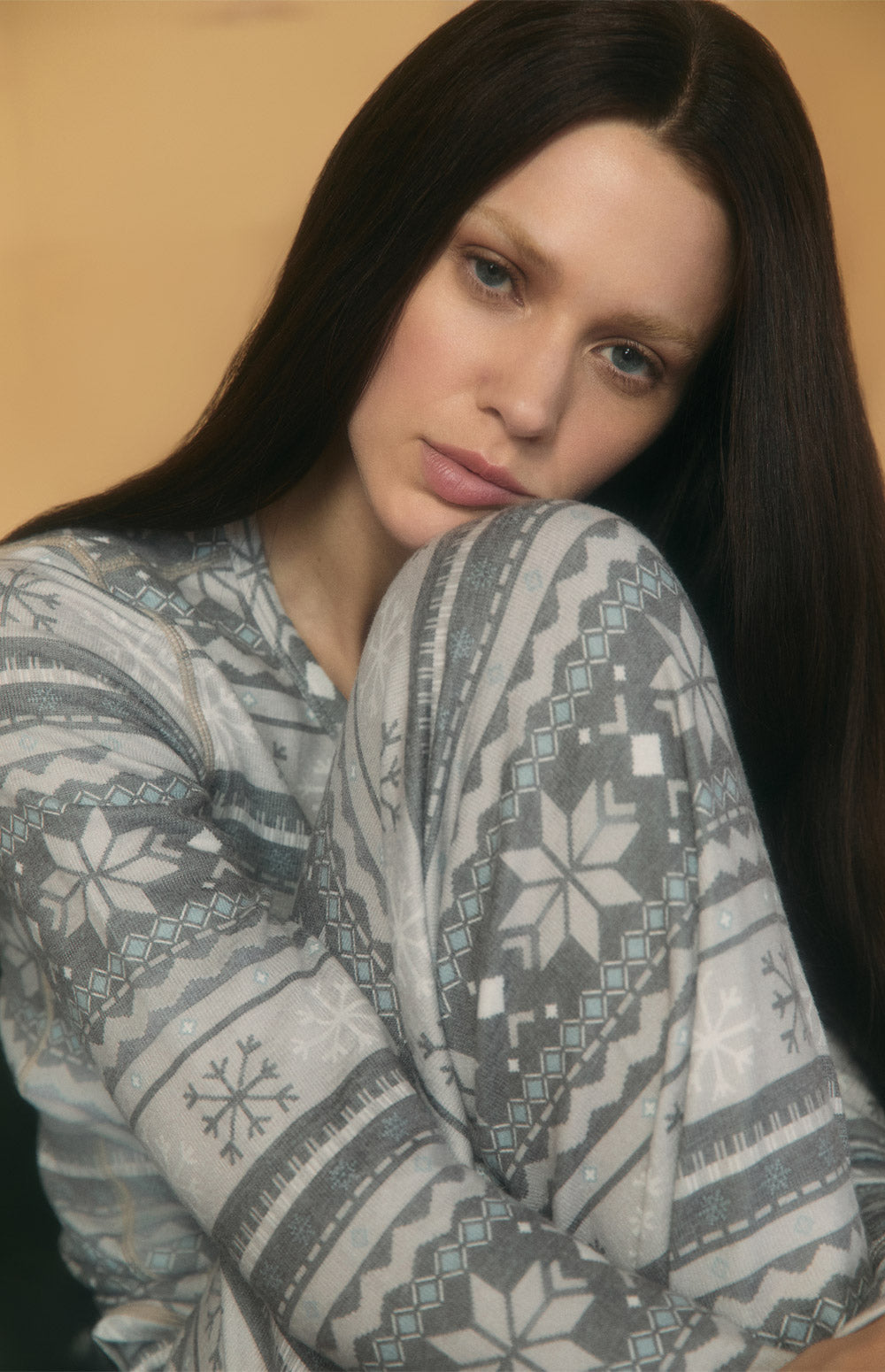 Alp N Rock Britney Shirt, brown tonal stripe lounge shirt for women with snowflake pattern