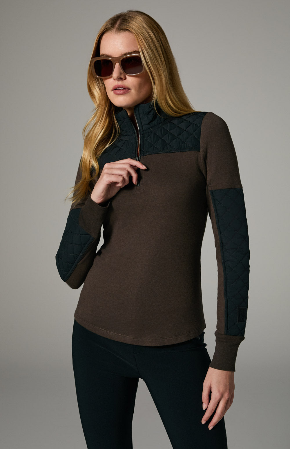 Alp N Rock Cody, dark brown mock neck longsleeve shirt with black quilting at the neckline and sleeves