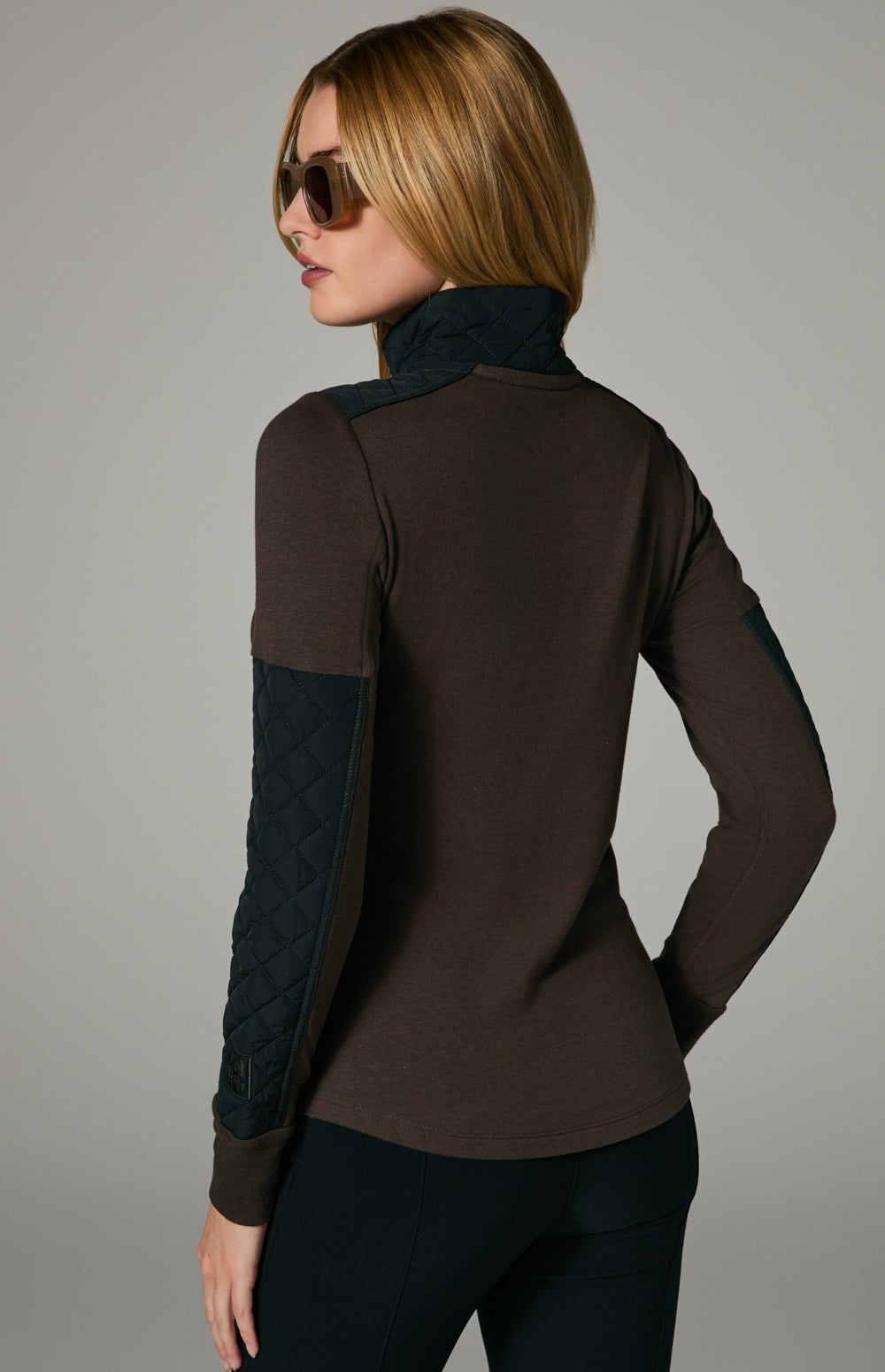 Alp N Rock Cody, dark brown mock neck longsleeve shirt with black quilting at the neckline and sleeves