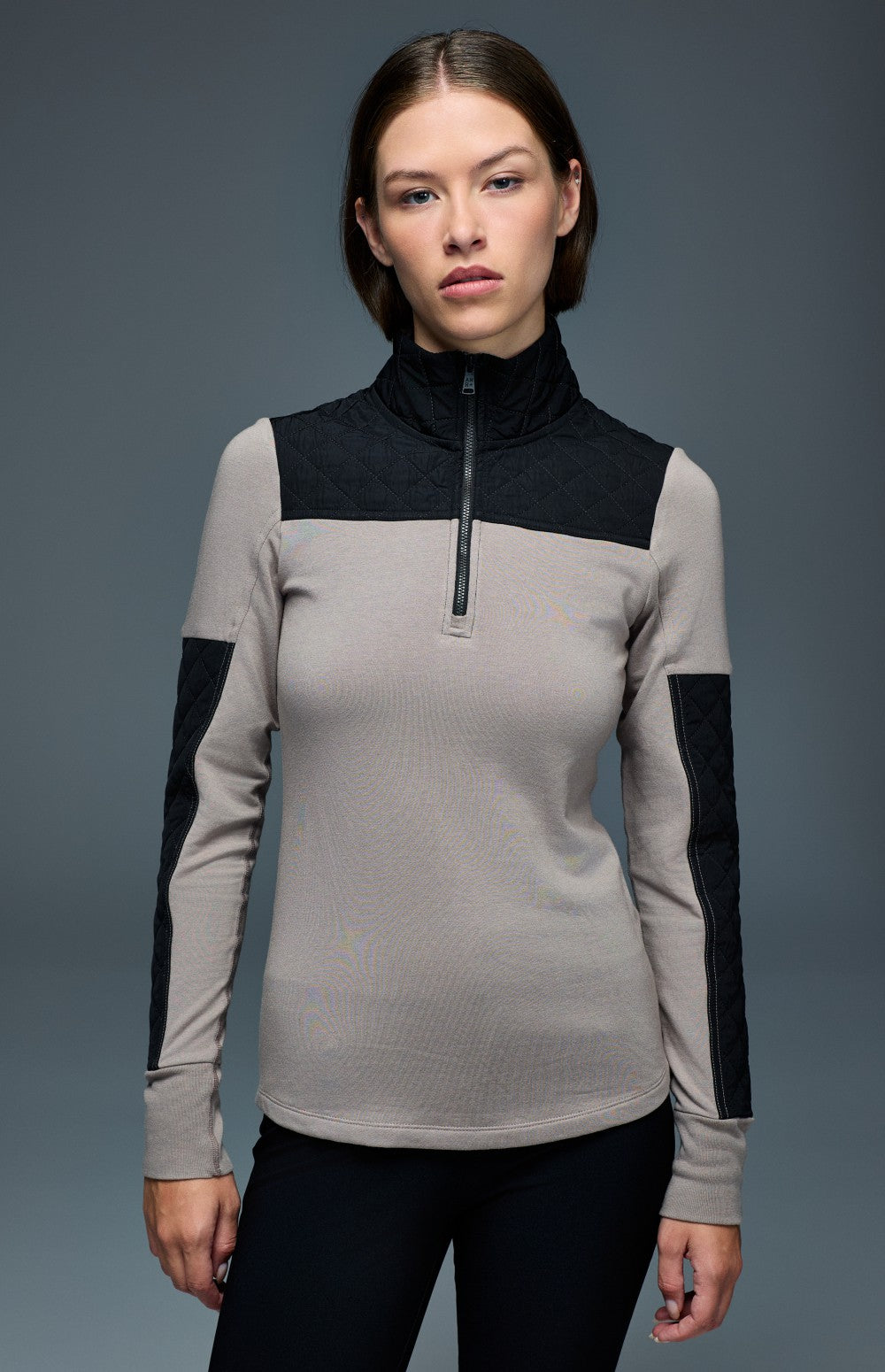 Alp N Rock Cody, taupe mock neck longsleeve shirt with black quilting at the neckline and sleeves