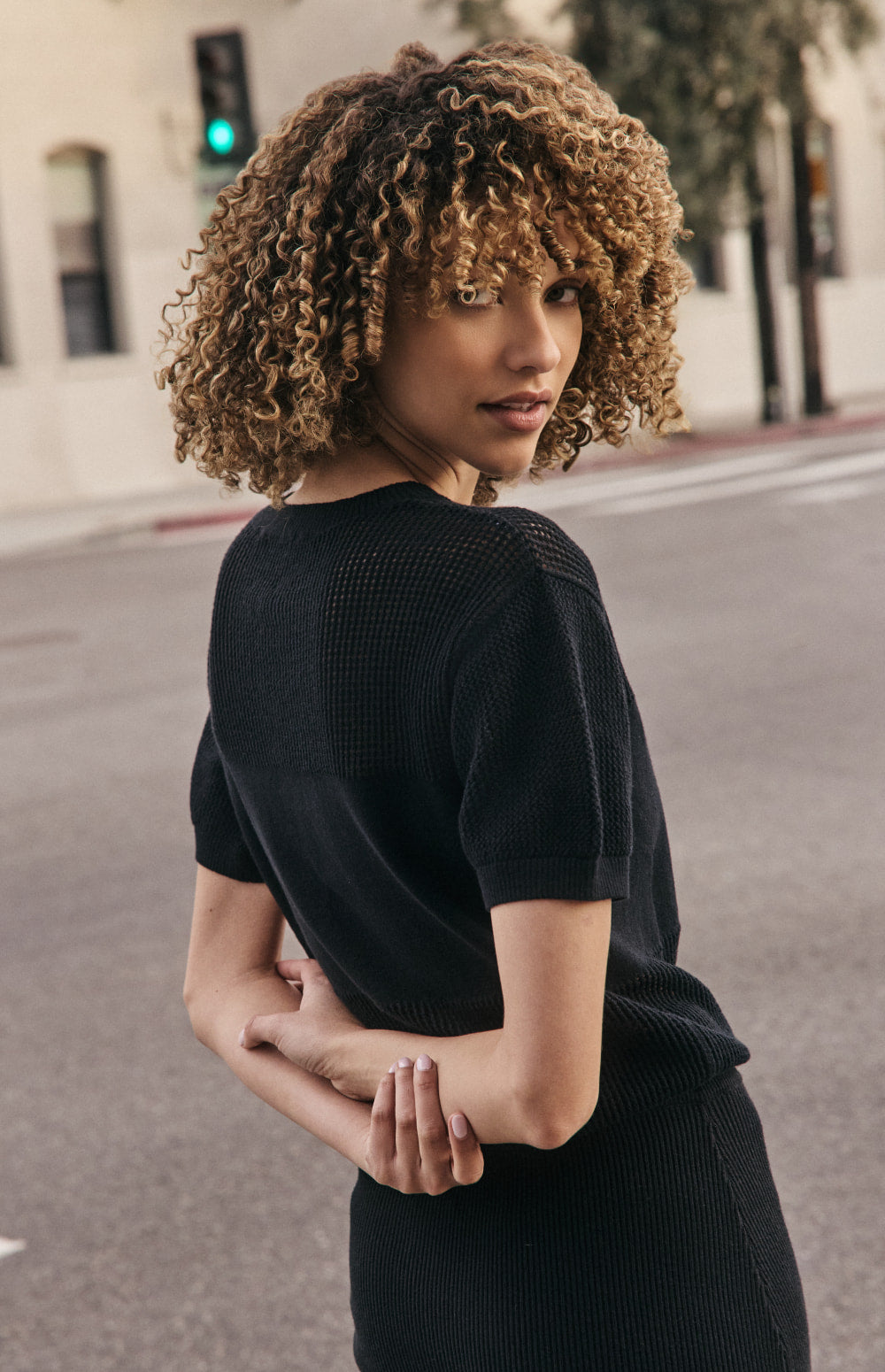 Alp N Rock Emma Top, black open weave short sleeve knit shirt for women