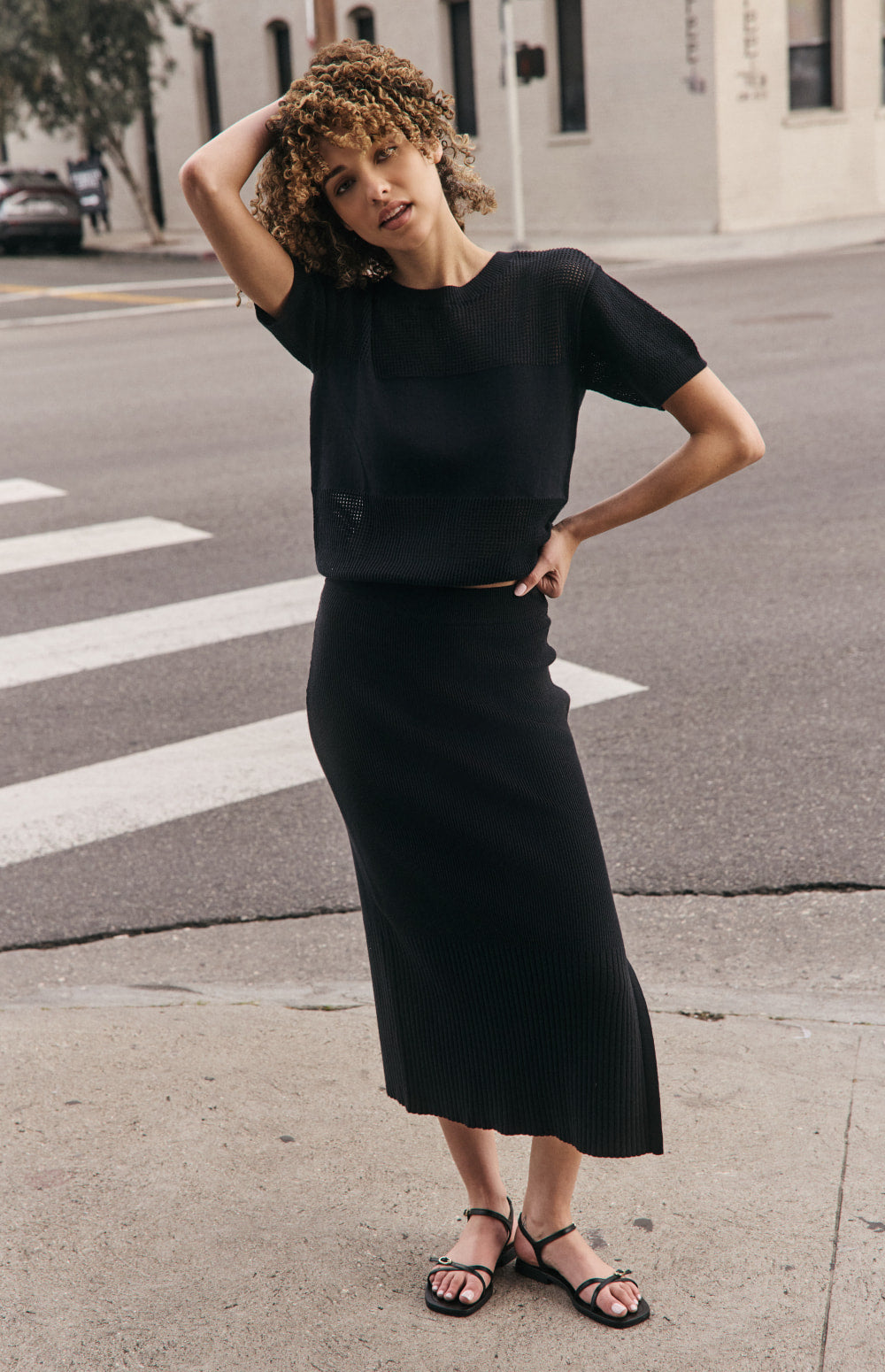 Alp N Rock Emma Top, black open weave short sleeve knit shirt for women