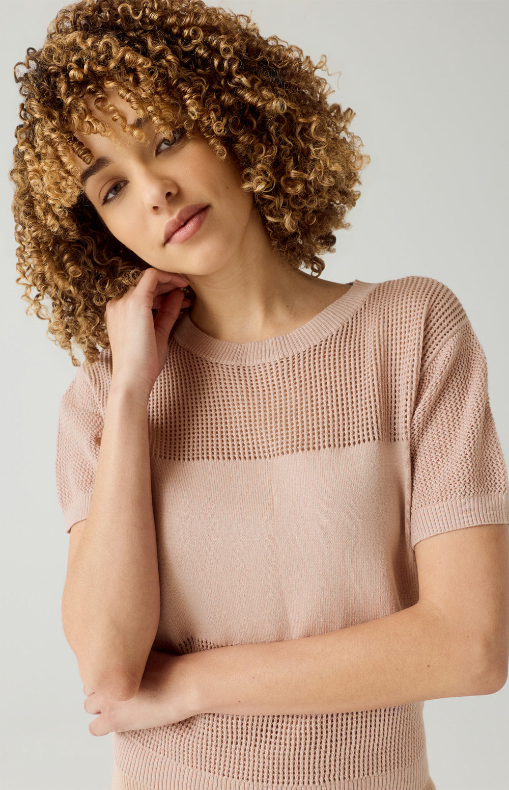 Alp N Rock Emma Top, rose pink open weave short sleeve knit shirt for women