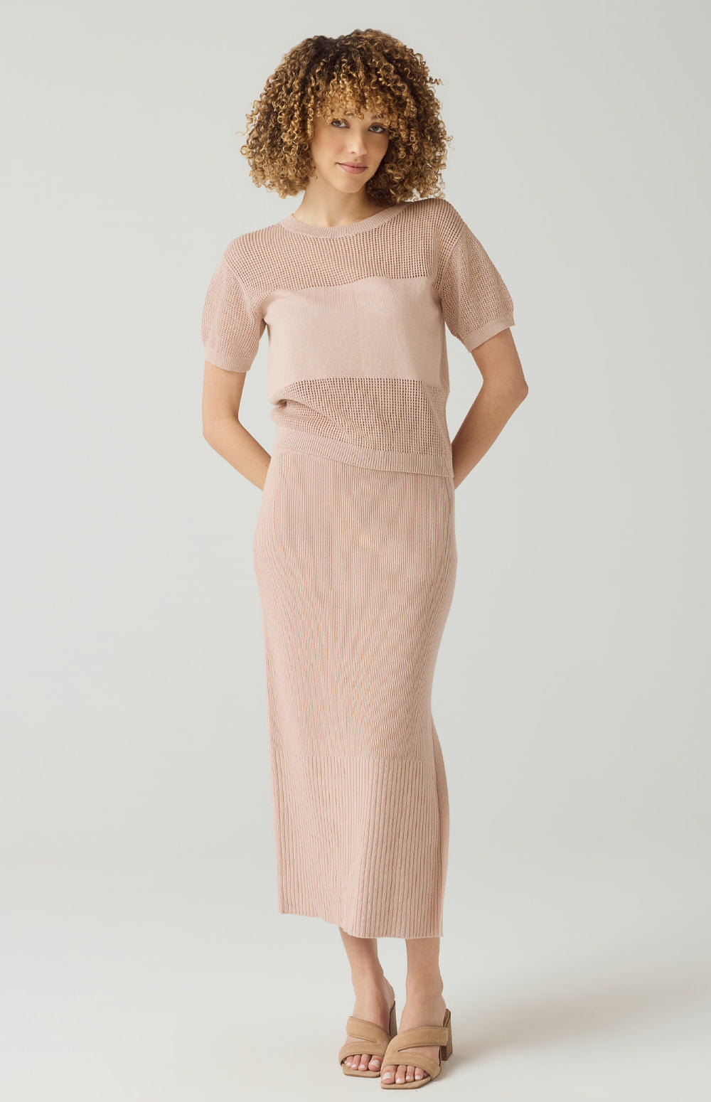 Alp N Rock Emma Top, rose pink open weave short sleeve knit shirt for women