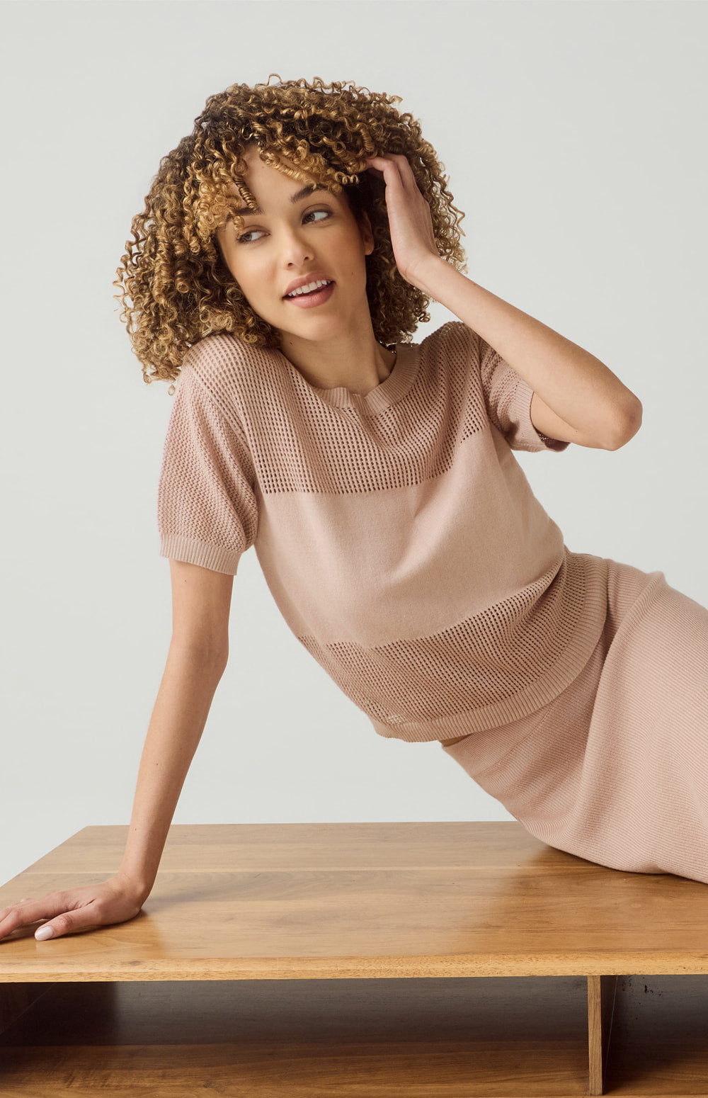 Alp N Rock Emma Top, rose pink open weave short sleeve knit shirt for women