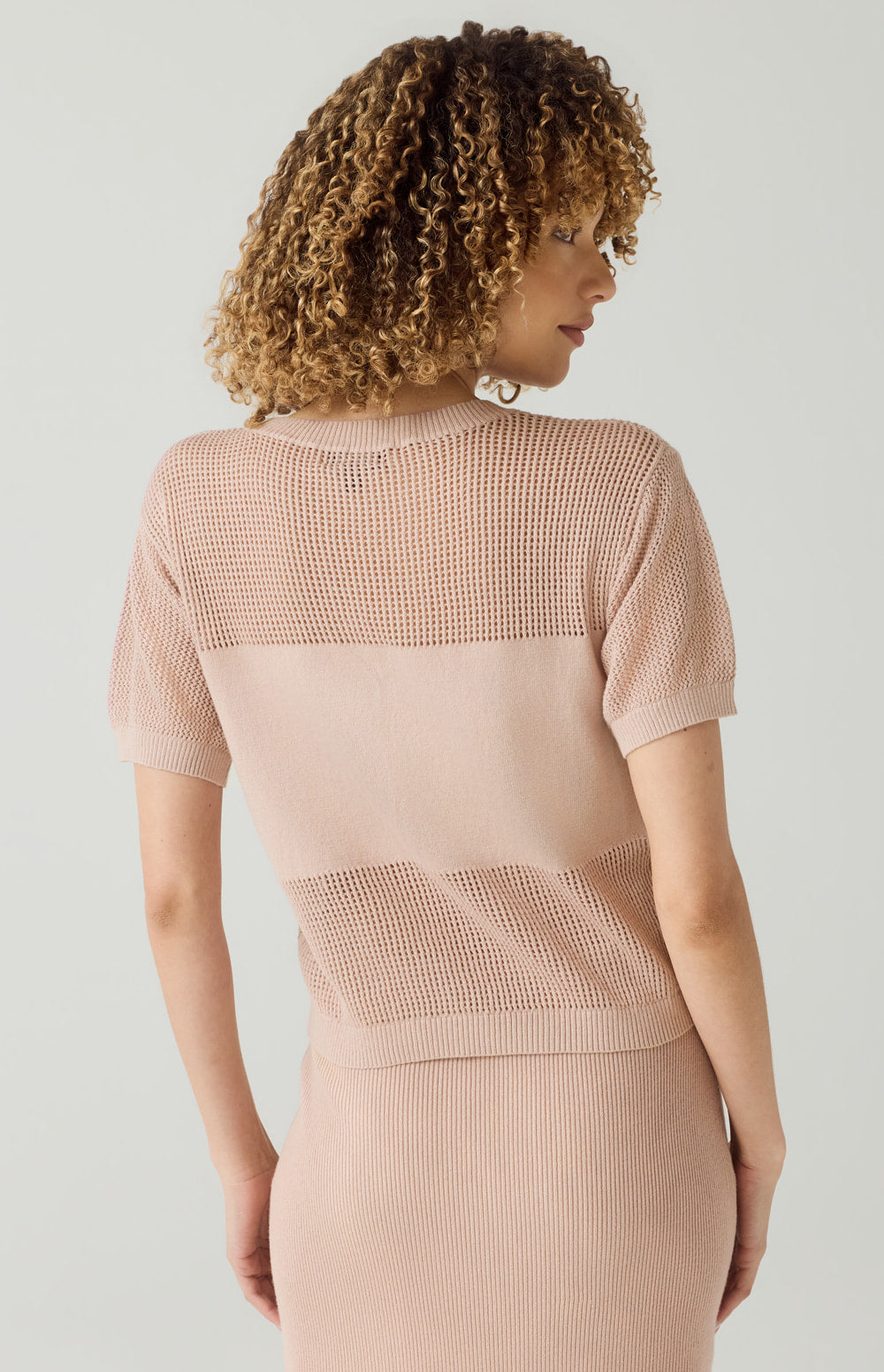 Alp N Rock Emma Top, rose pink open weave short sleeve knit shirt for women