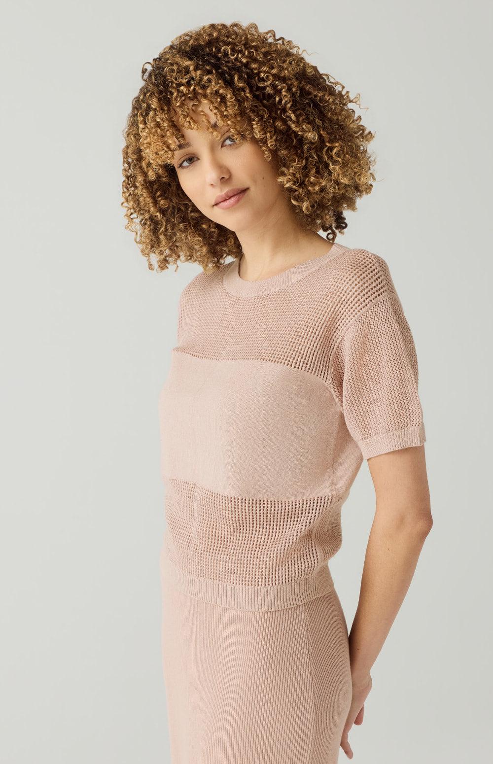 Alp N Rock Emma Top, rose pink open weave short sleeve knit shirt for women