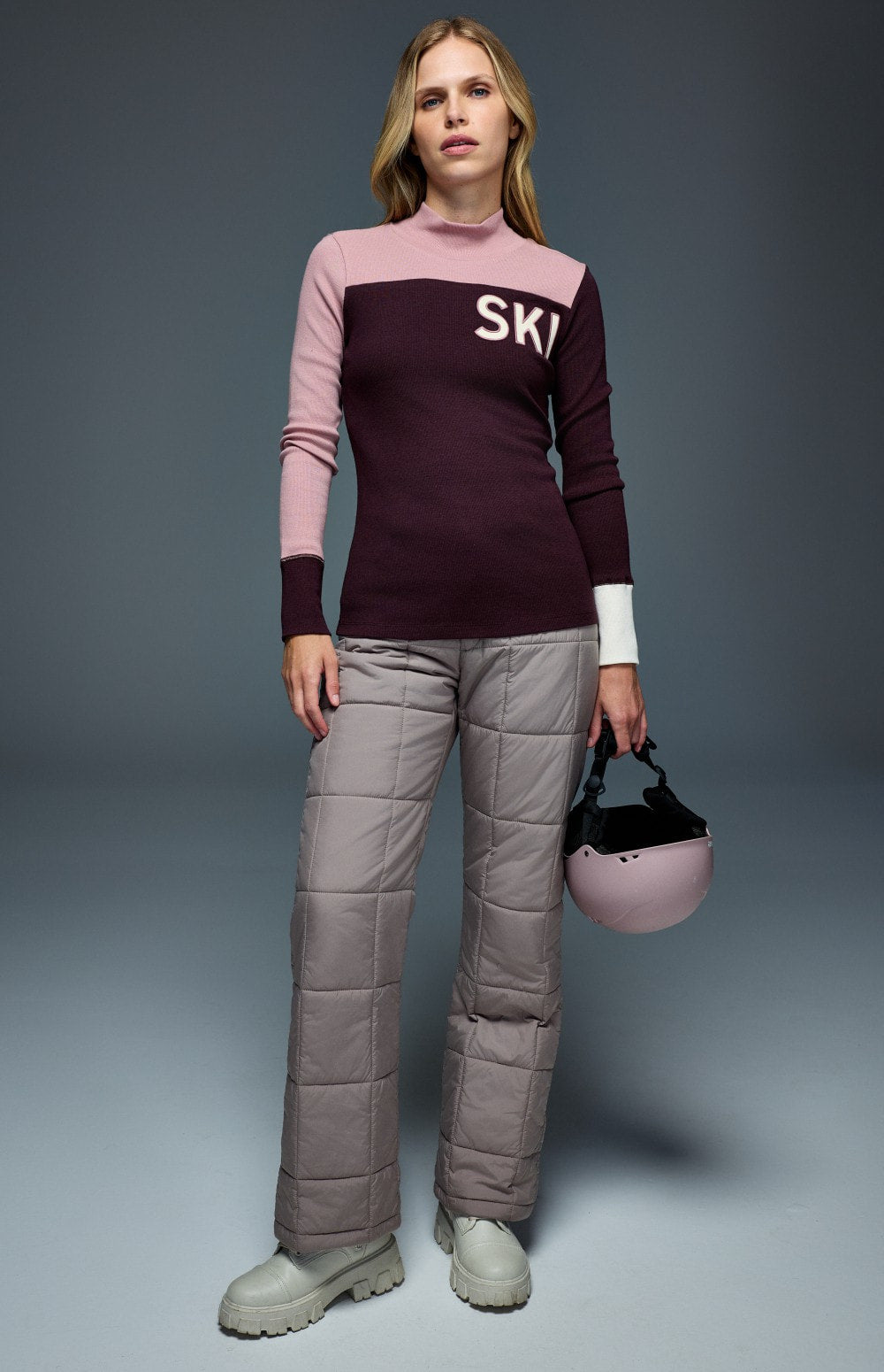 Alp N Rock Fallon Mock Neck Top, dark red and pink women's ski top With ski lettering on font