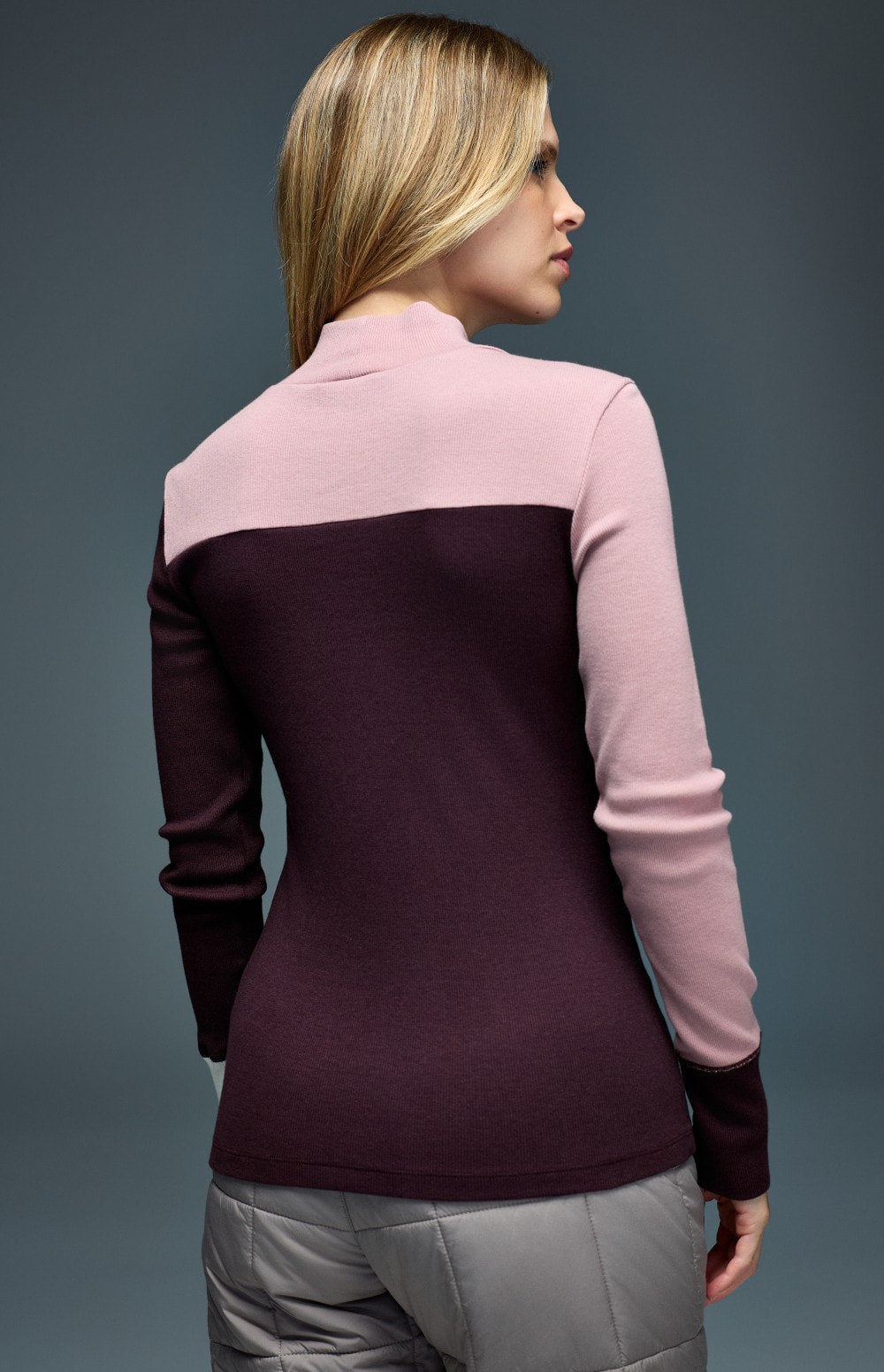 Alp N Rock Fallon Mock Neck Top, dark red and pink women's ski top With ski lettering on font