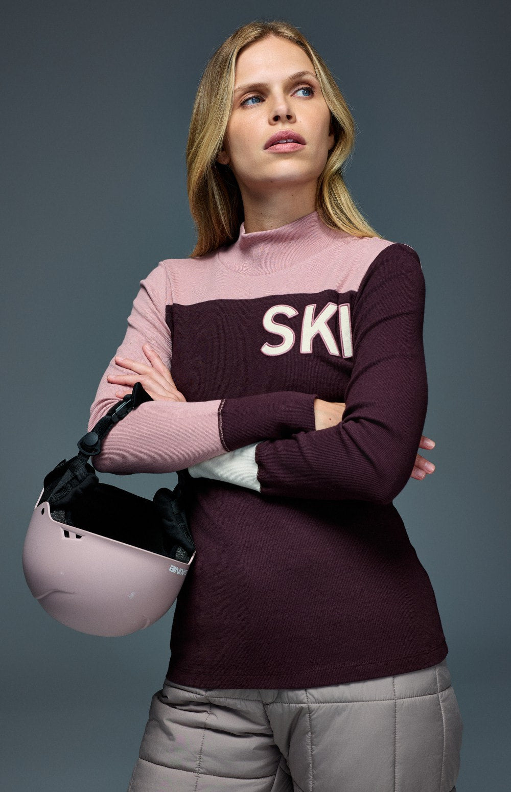 Alp N Rock Fallon Mock Neck Top, dark red and pink women's ski top With ski lettering on font