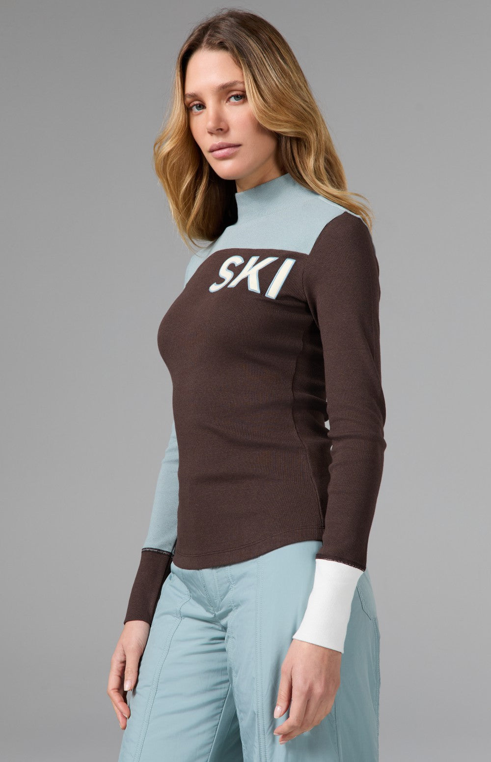 Alp N Rock Fallon Mock Neck Top, brown and light blue women's ski top with ski lettering on front