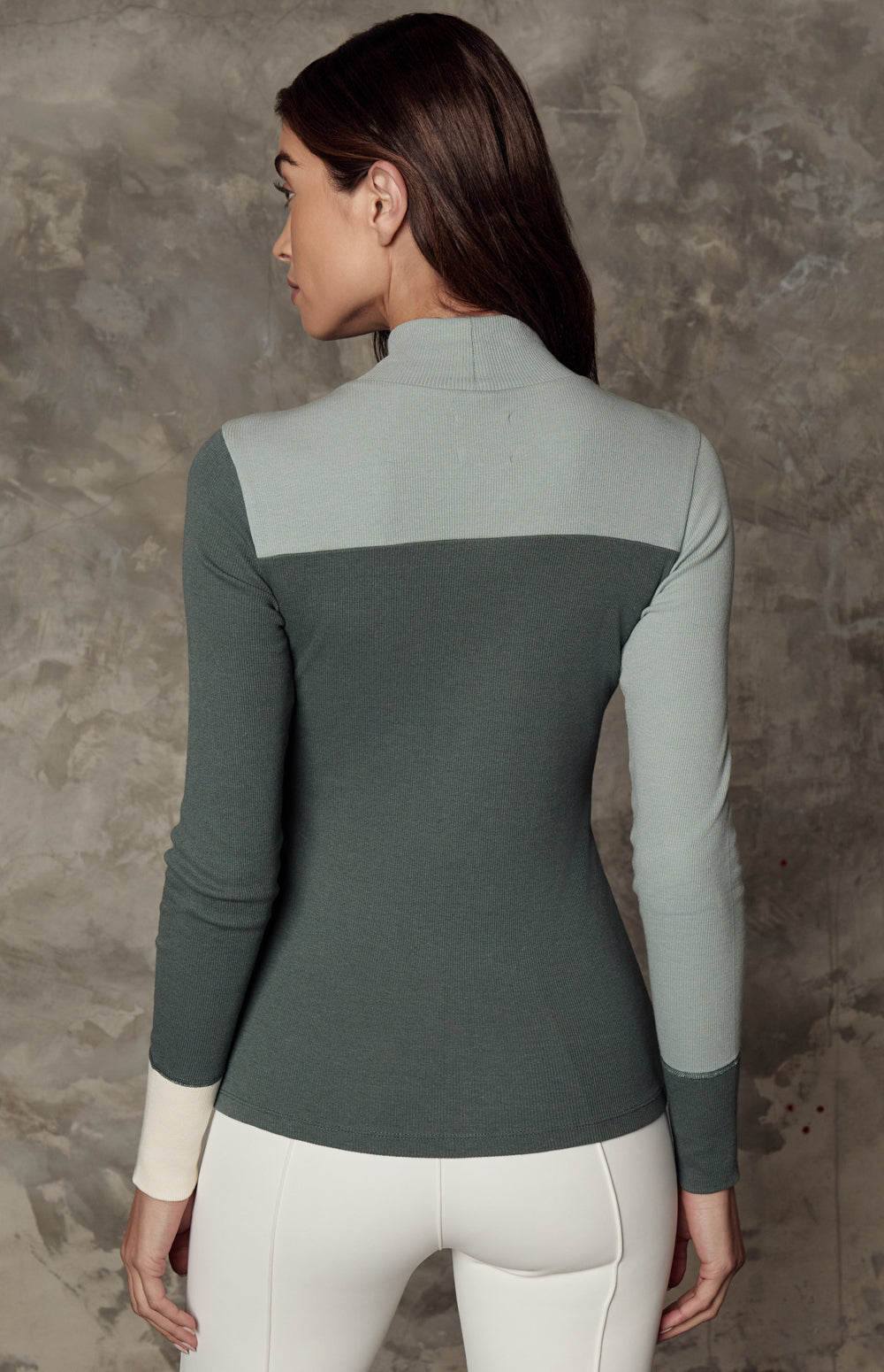 Alp N Rock Fallon Top, green colorblock mock neck top for women with ski lettering