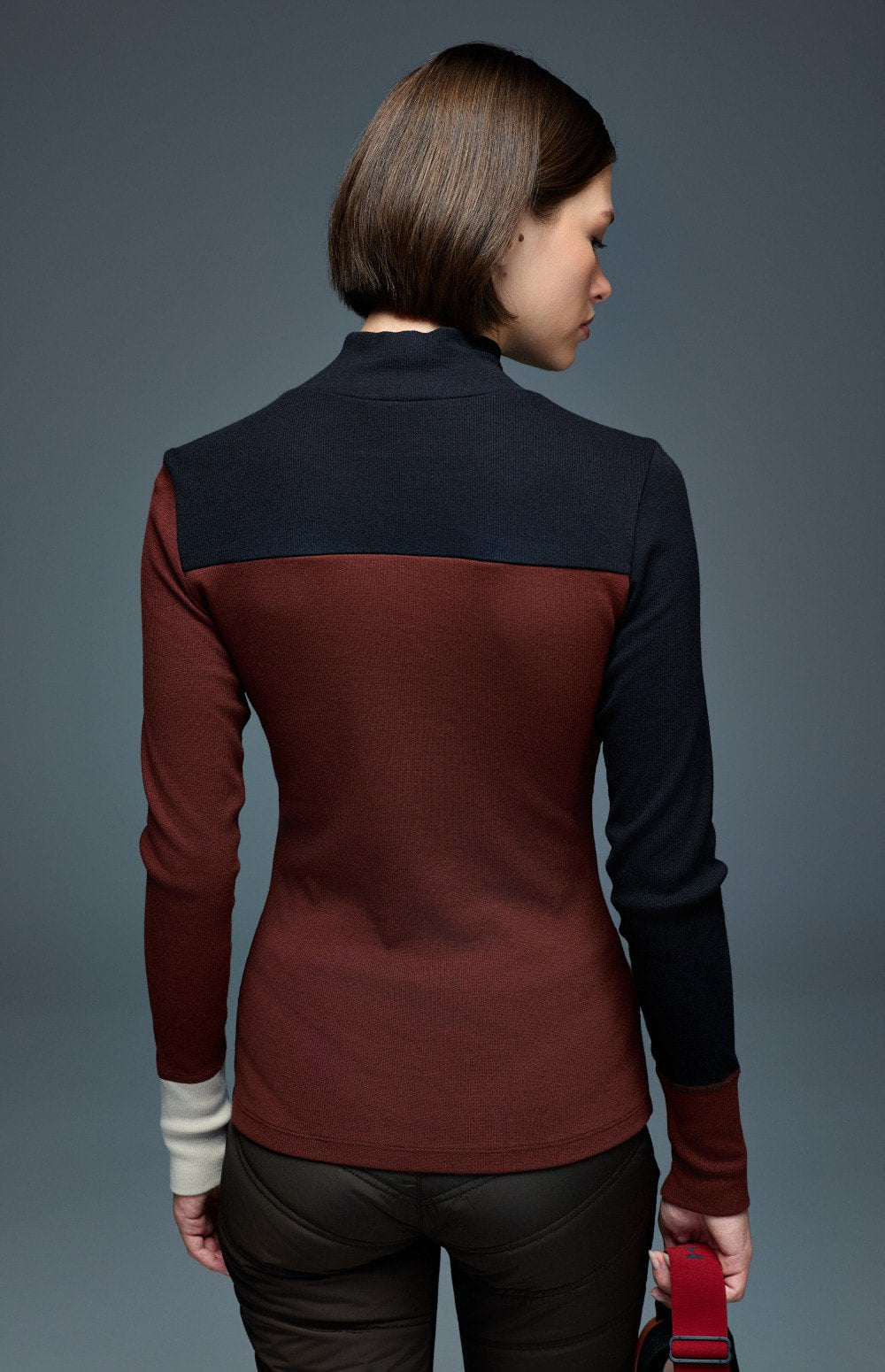 Alp N Rock Fallon Mock Neck Top, dark red and black women's ski top with ski lettering on front