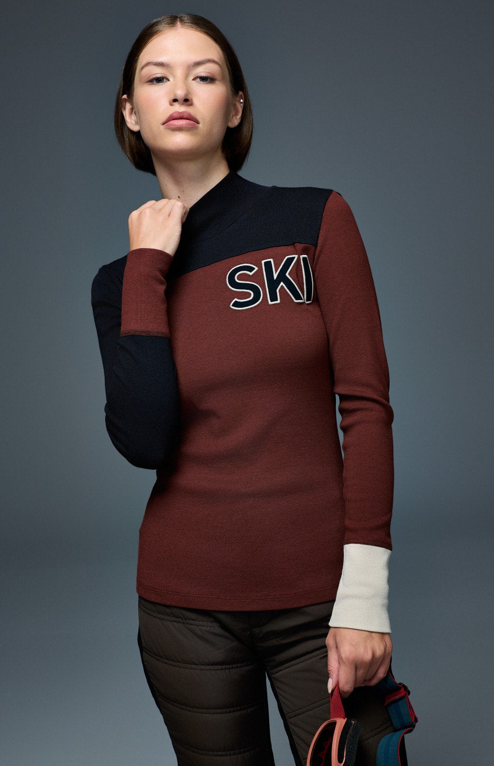 Alp N Rock Fallon Mock Neck Top, dark red and black women's ski top with ski lettering on front