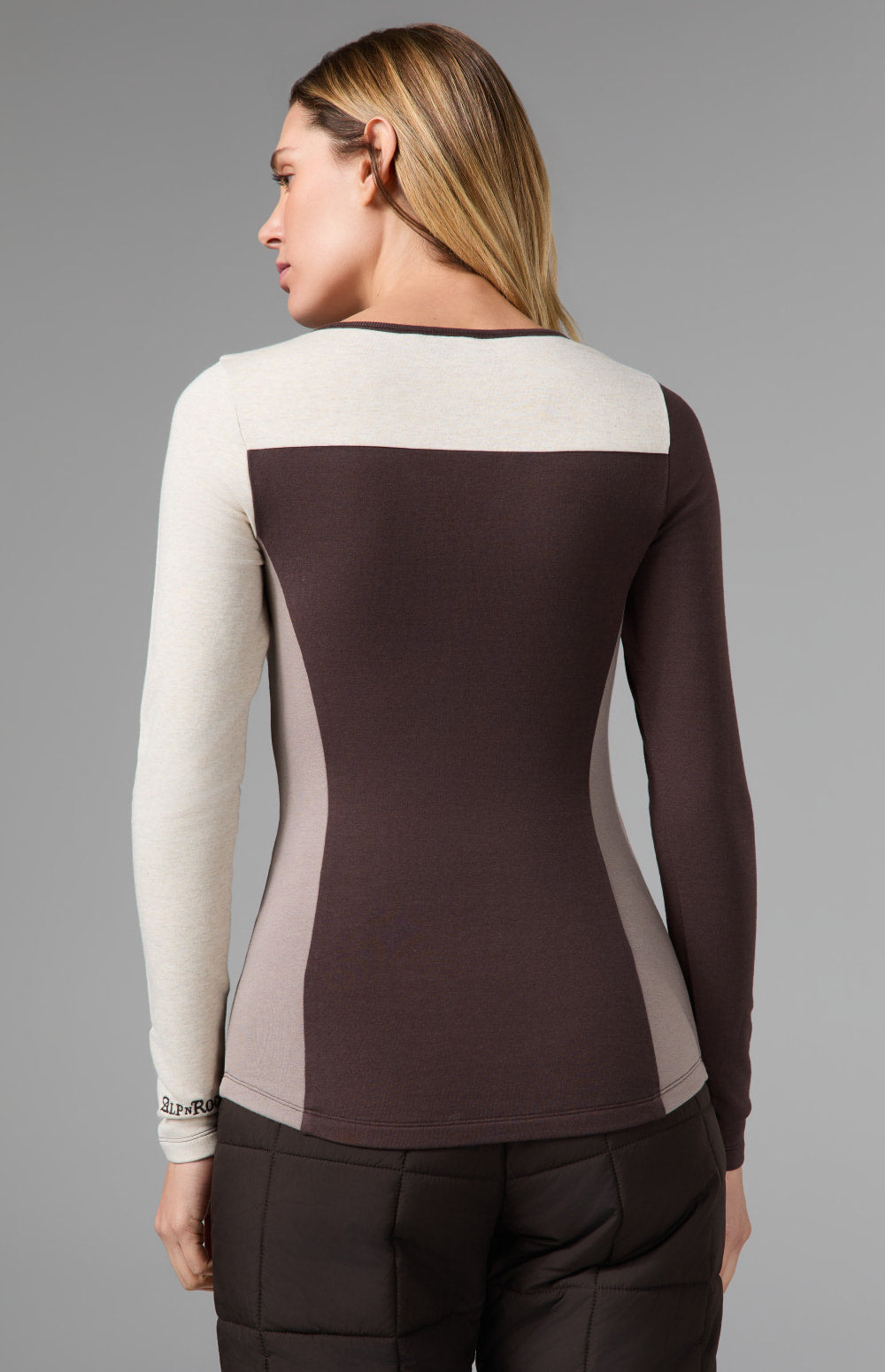 Alp N Rock Gemma Henley Shirt, dark brown longsleeve henley shirt with colorblocking
