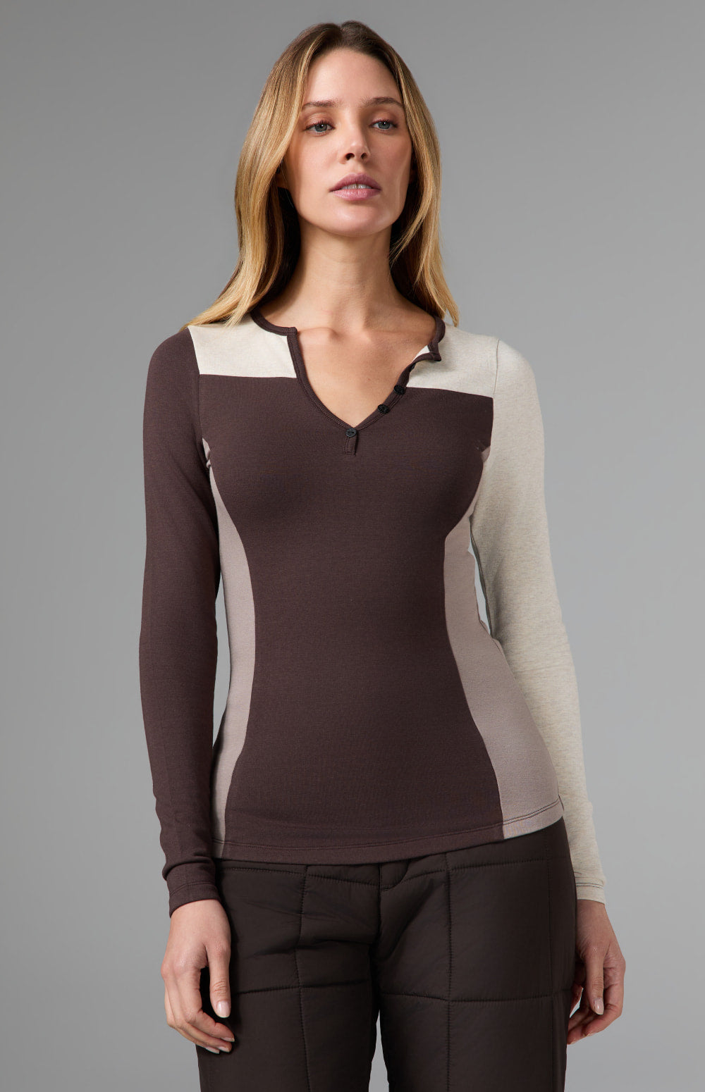 Alp N Rock Gemma Henley Shirt, dark brown longsleeve henley shirt with colorblocking