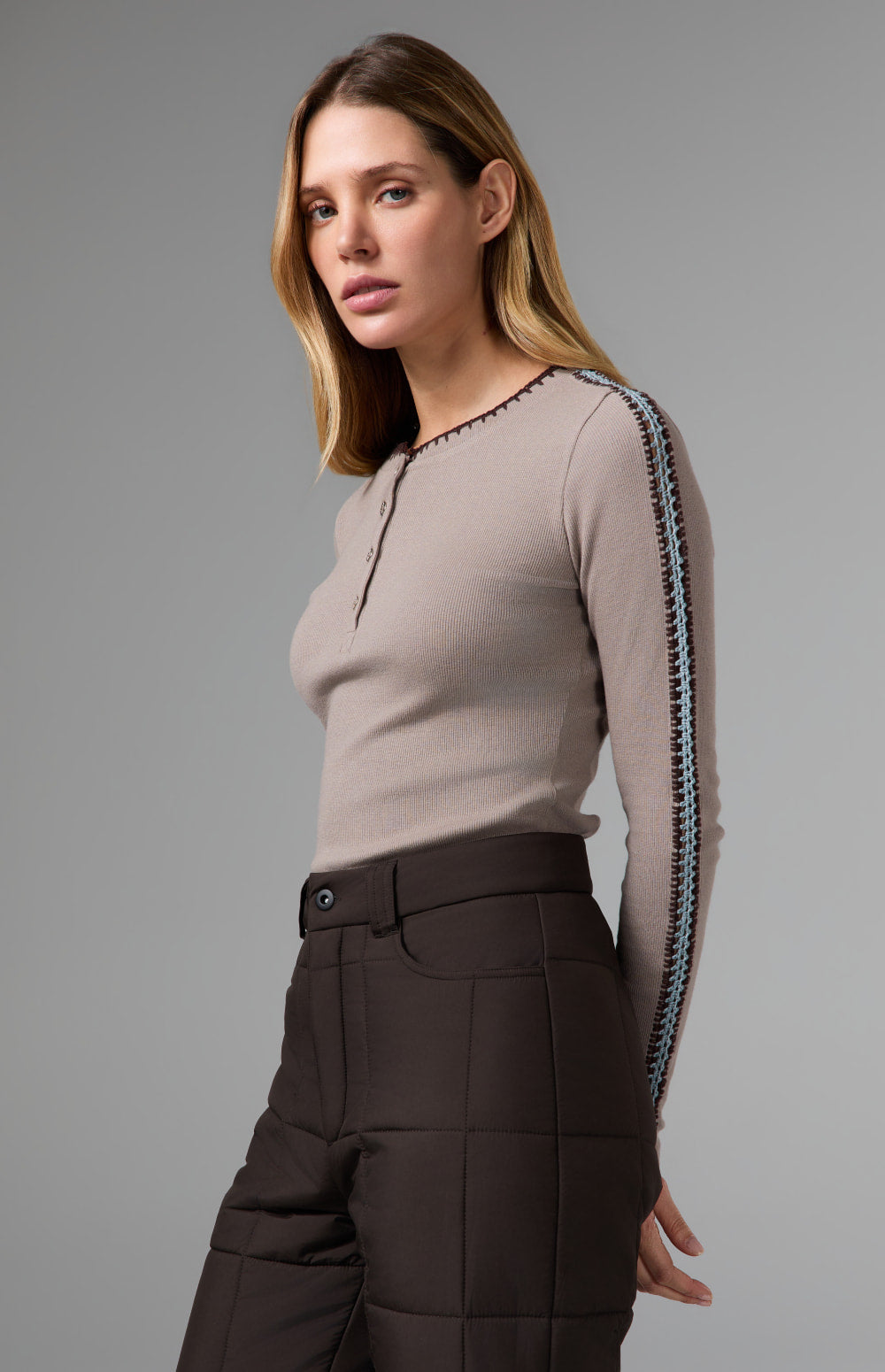 Alp N Rock Ilona Crochet Henley Shirt, taupe longsleeve henley shirt with crochet details