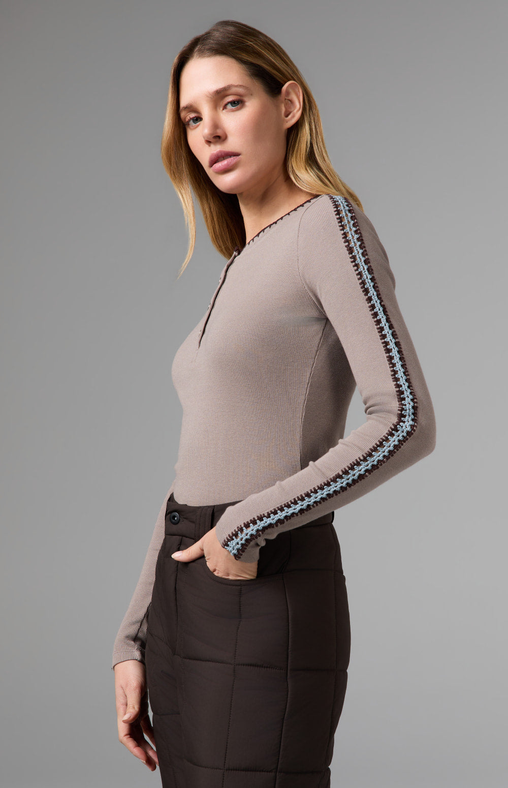 Alp N Rock Ilona Crochet Henley Shirt, taupe longsleeve henley shirt with crochet details