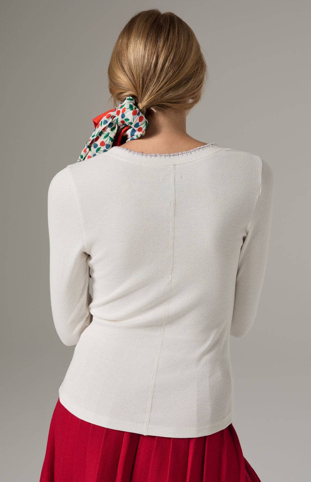 Alp N Rock Iris Henley Shirt, Women's White Long Sleeve Top with Embroidery at the Neckline and Red Stitching Down the Bodice