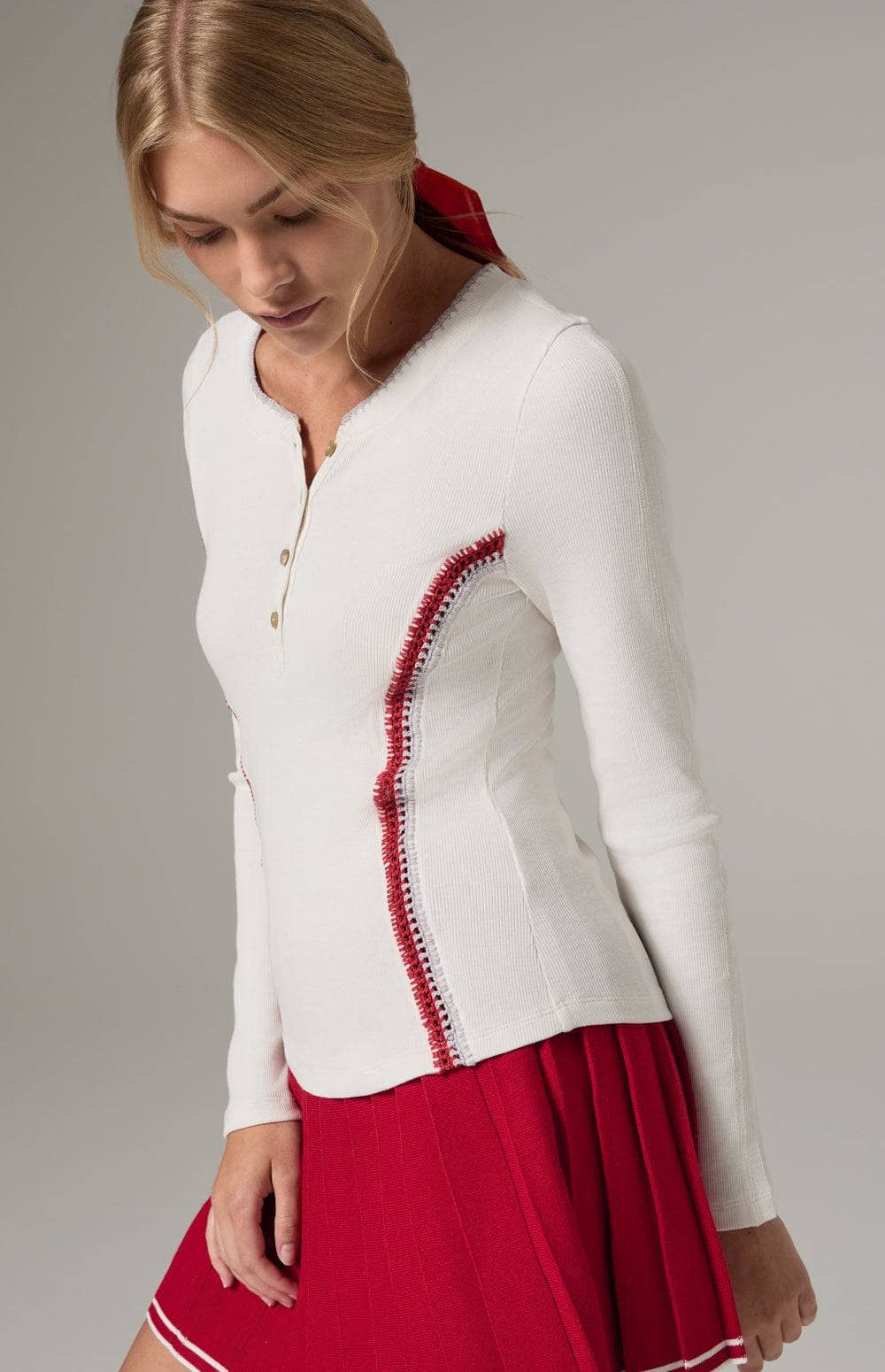 Alp N Rock Iris Henley Shirt, Women's White Long Sleeve Top with Embroidery at the Neckline and Red Stitching Down the Bodice