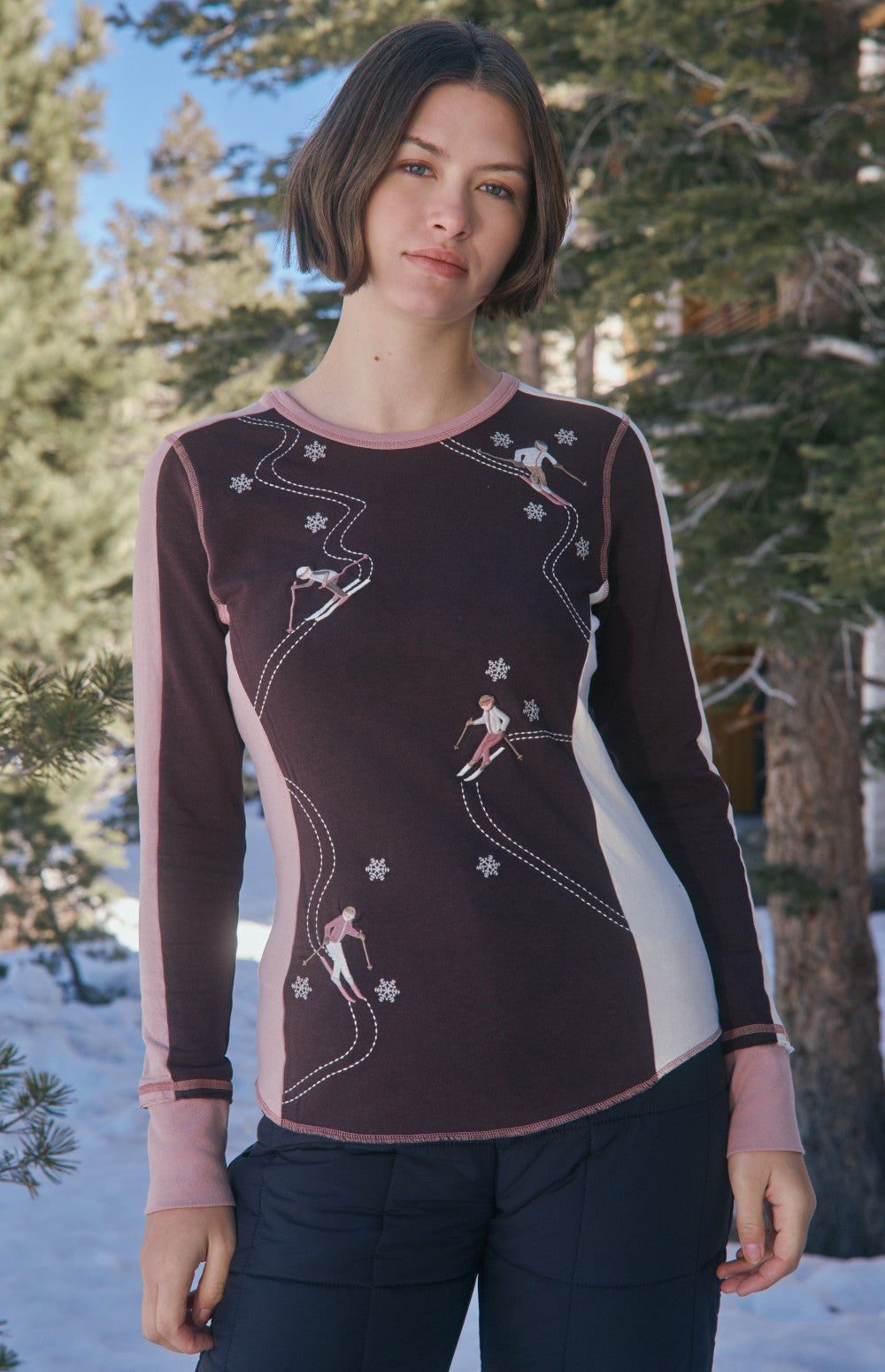 Alp N Rock Jessica Crew, women's dark red and pink longsleeve ski shirt with embroidered skiers all over