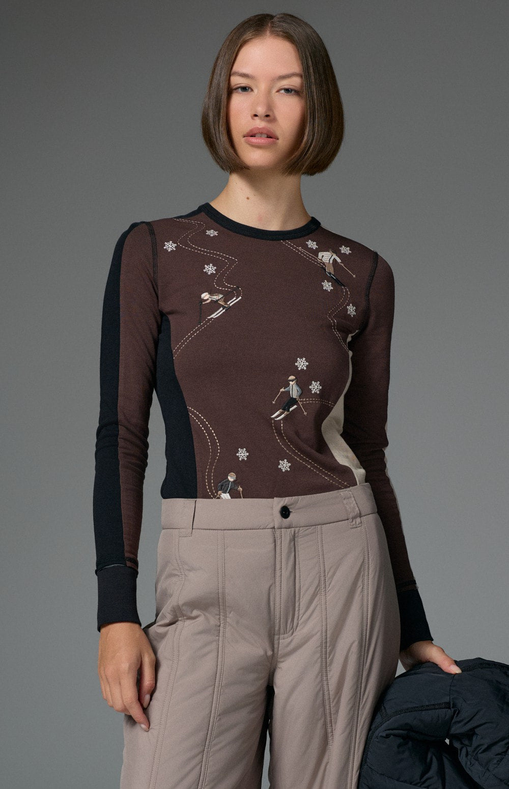 Alp N Rock Jessica Crew, women's brown and black longsleeve ski shirt with embroidered skiers all over