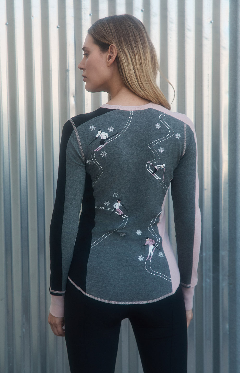 Alp N Rock Jessica Crew, heather grey and pink longsleeve shirt for women with embroidered skiers