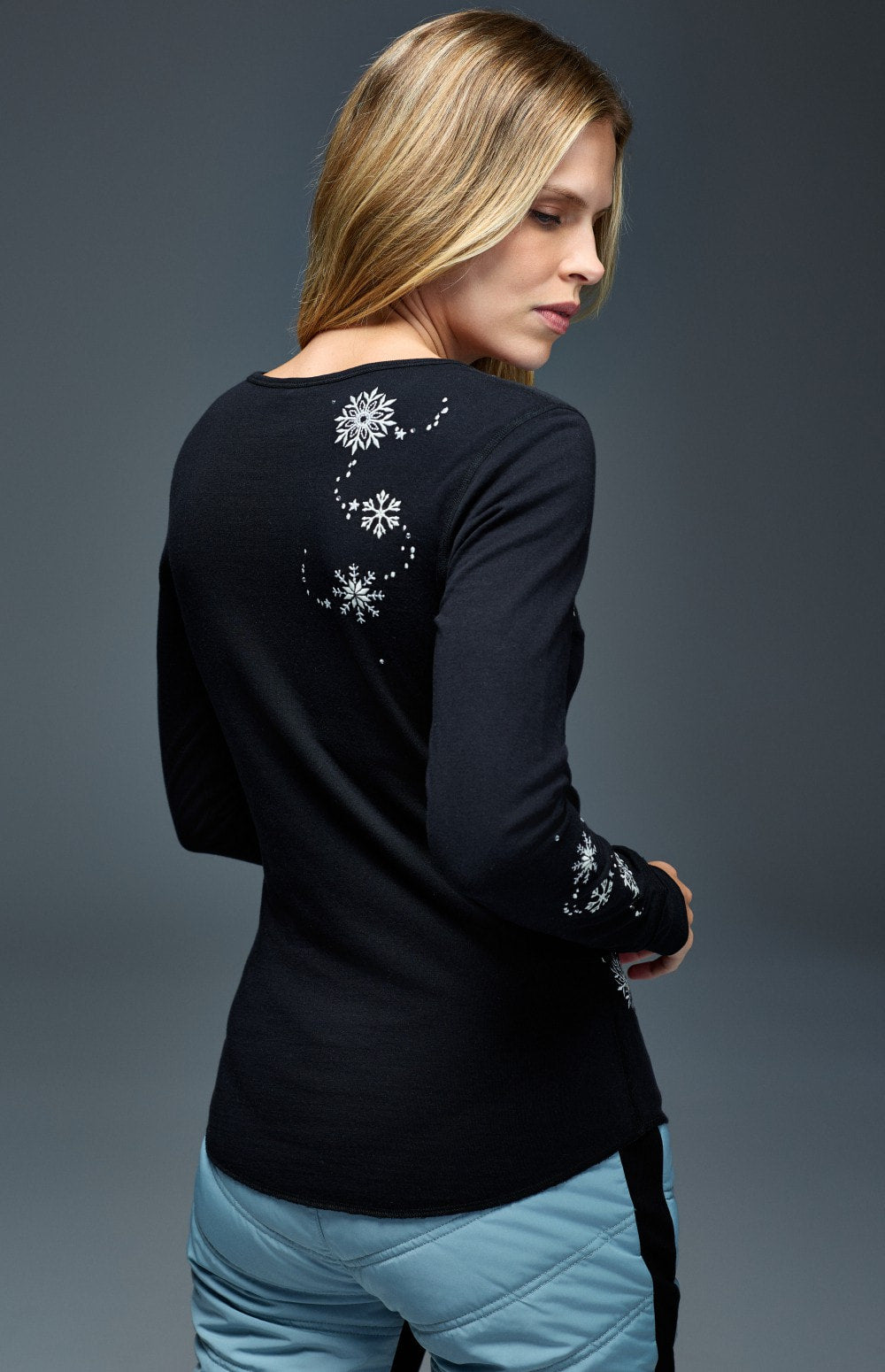 Alp N Rock Kiara Henley Shirt, black longsleeve henley shirt with embroidered snowflakes for women