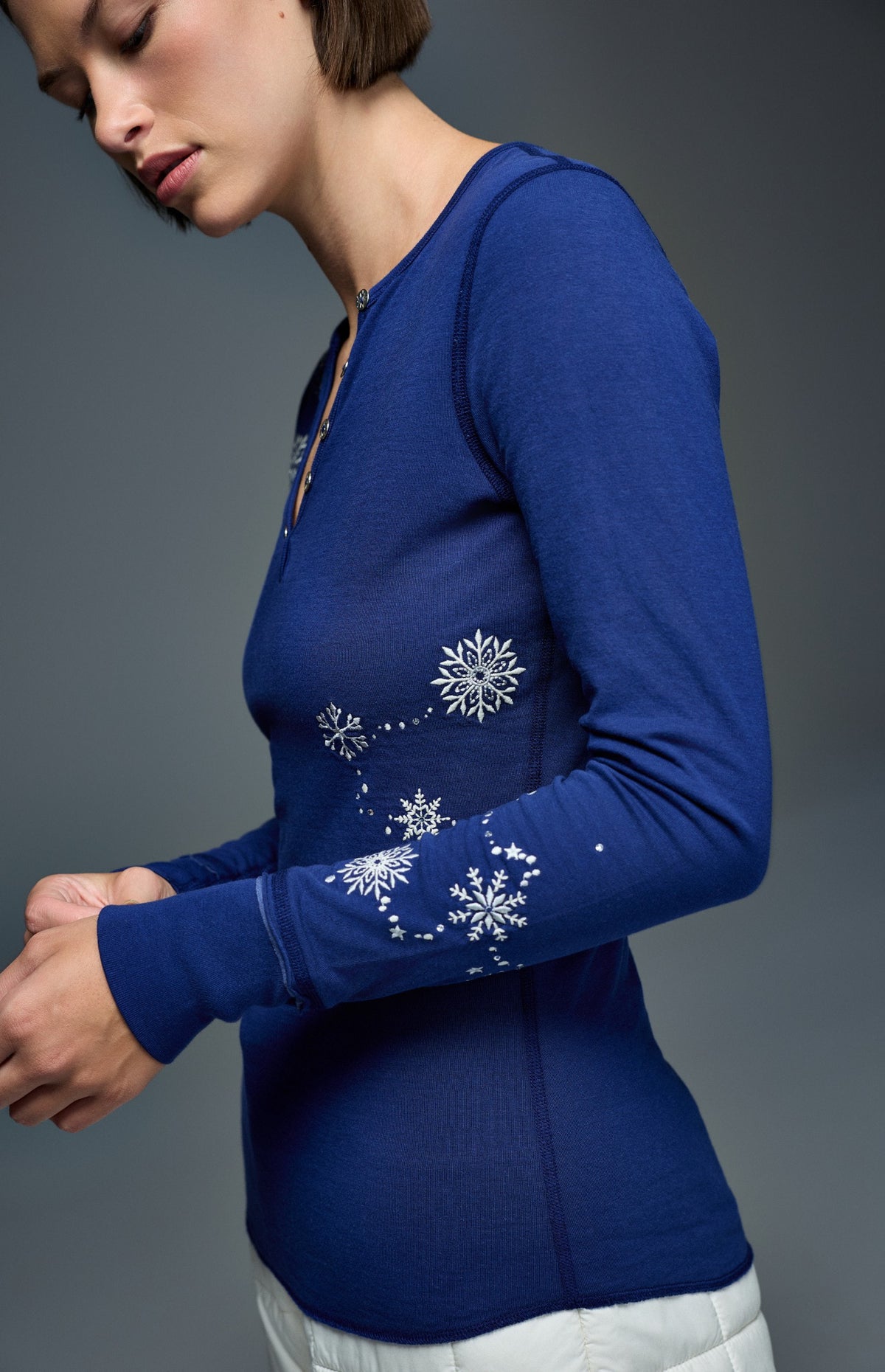 Alp N Rock Kiara Henley Shirt, deep blue longsleeve henley shirt with embroidered snowflakes for women