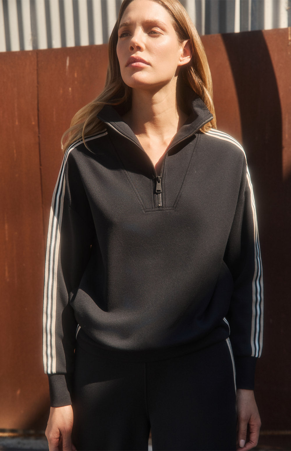 Alp N Rock Kinsley Half Zip Pullover, black half zip sweatshirt for women with stripes down the sleeves