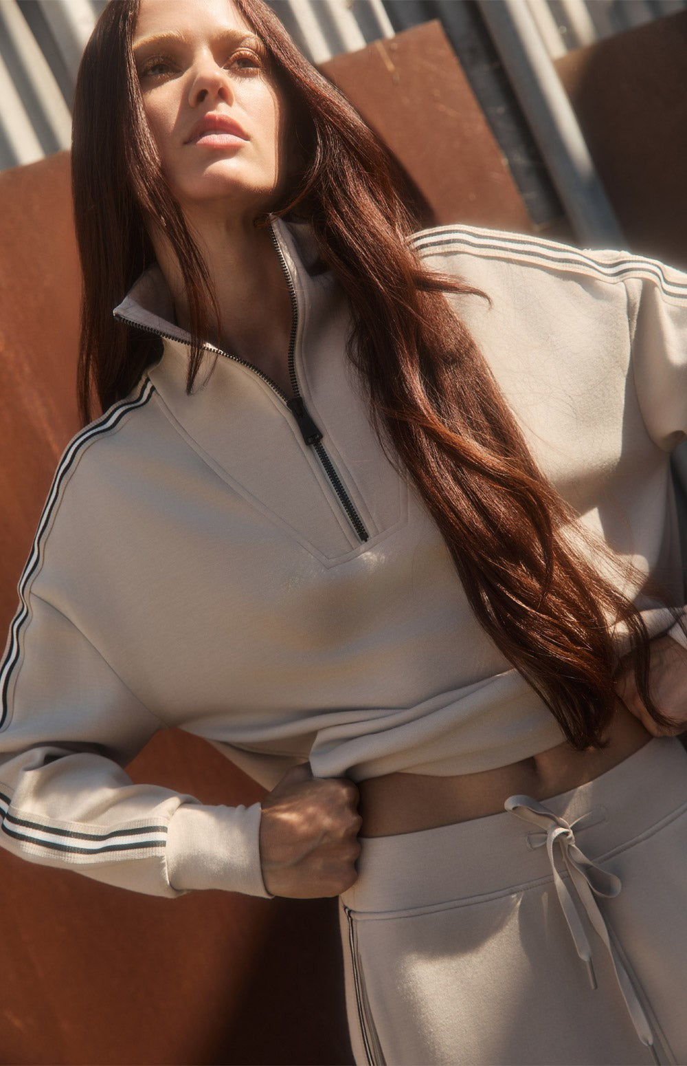 Alp N Rock Kinsley Half Zip Pullover, beige half zip sweatshirt for women with stripes down the sleeves