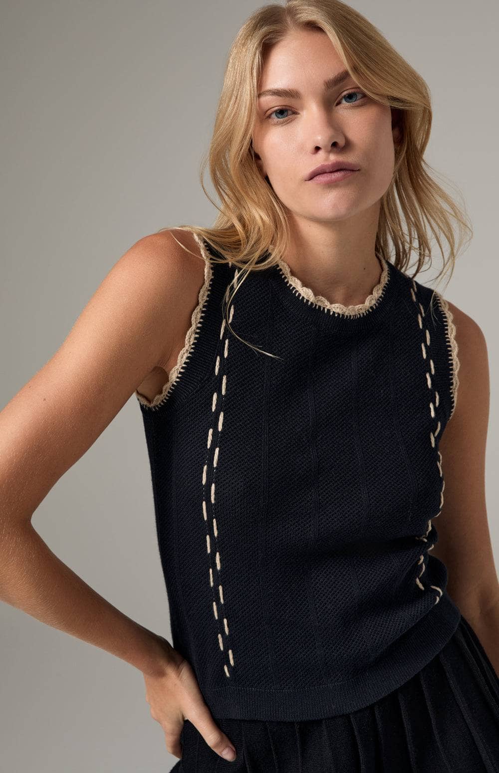 Alp N Rock Lillian Sweater Tank, Women's Black Knit Tank with Beige Scallop Edge