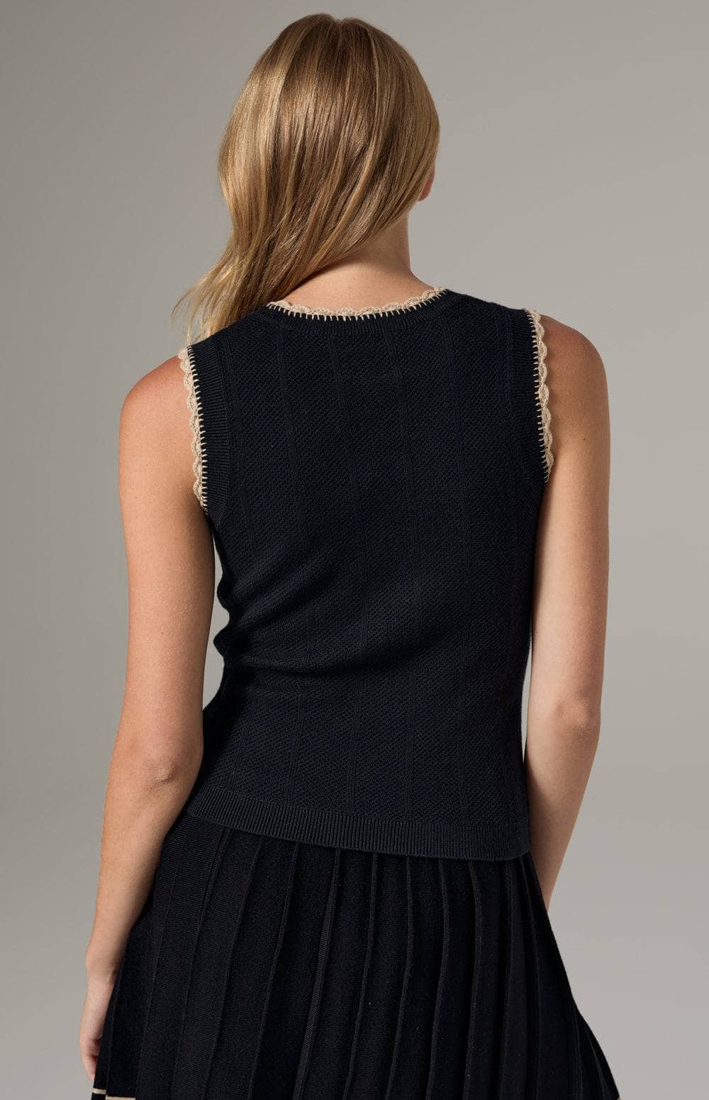 Alp N Rock Lillian Sweater Tank, Women's Black Knit Tank with Beige Scallop Edge