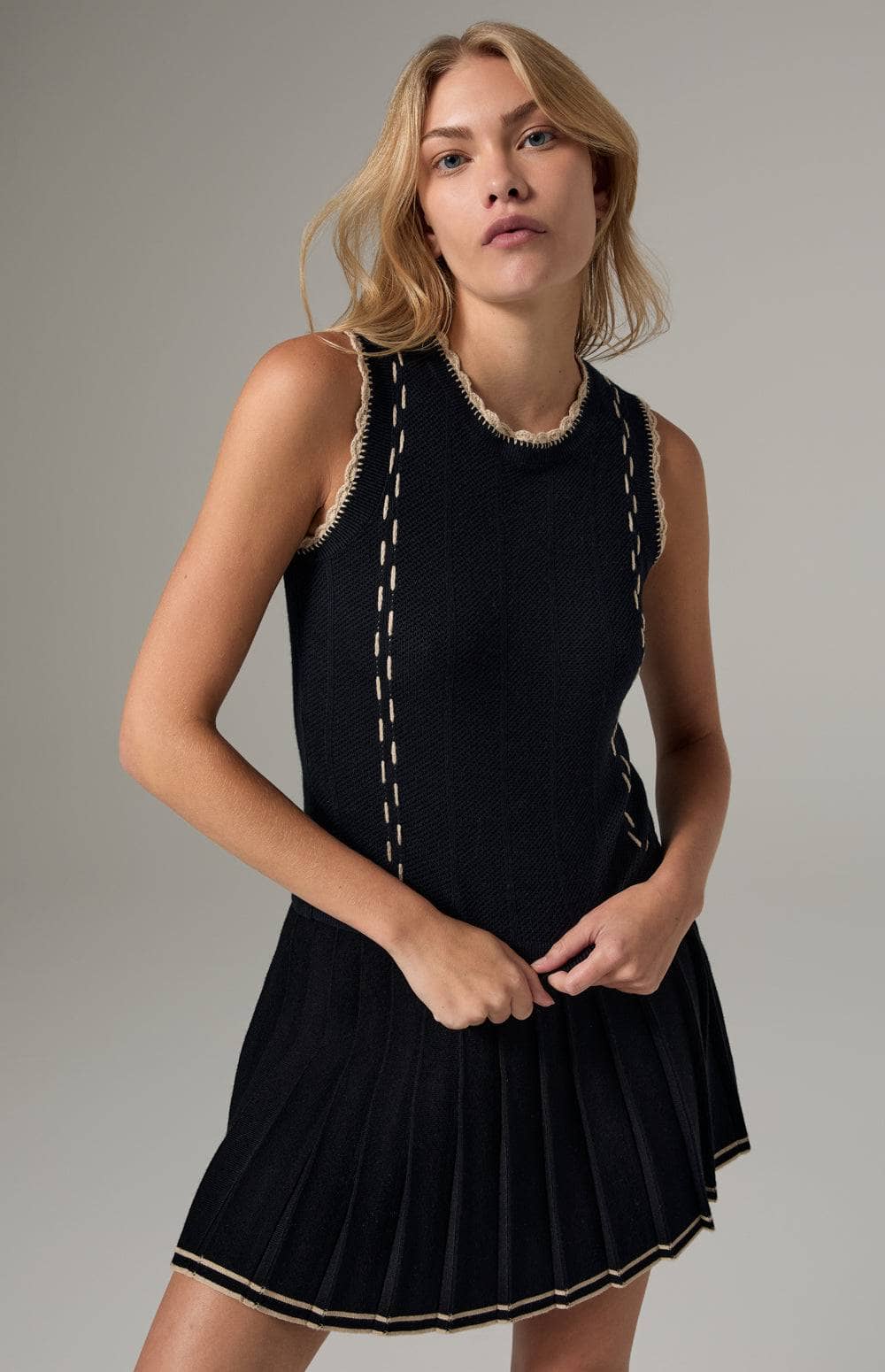 Alp N Rock Lillian Sweater Tank, Women's Black Knit Tank with Beige Scallop Edge
