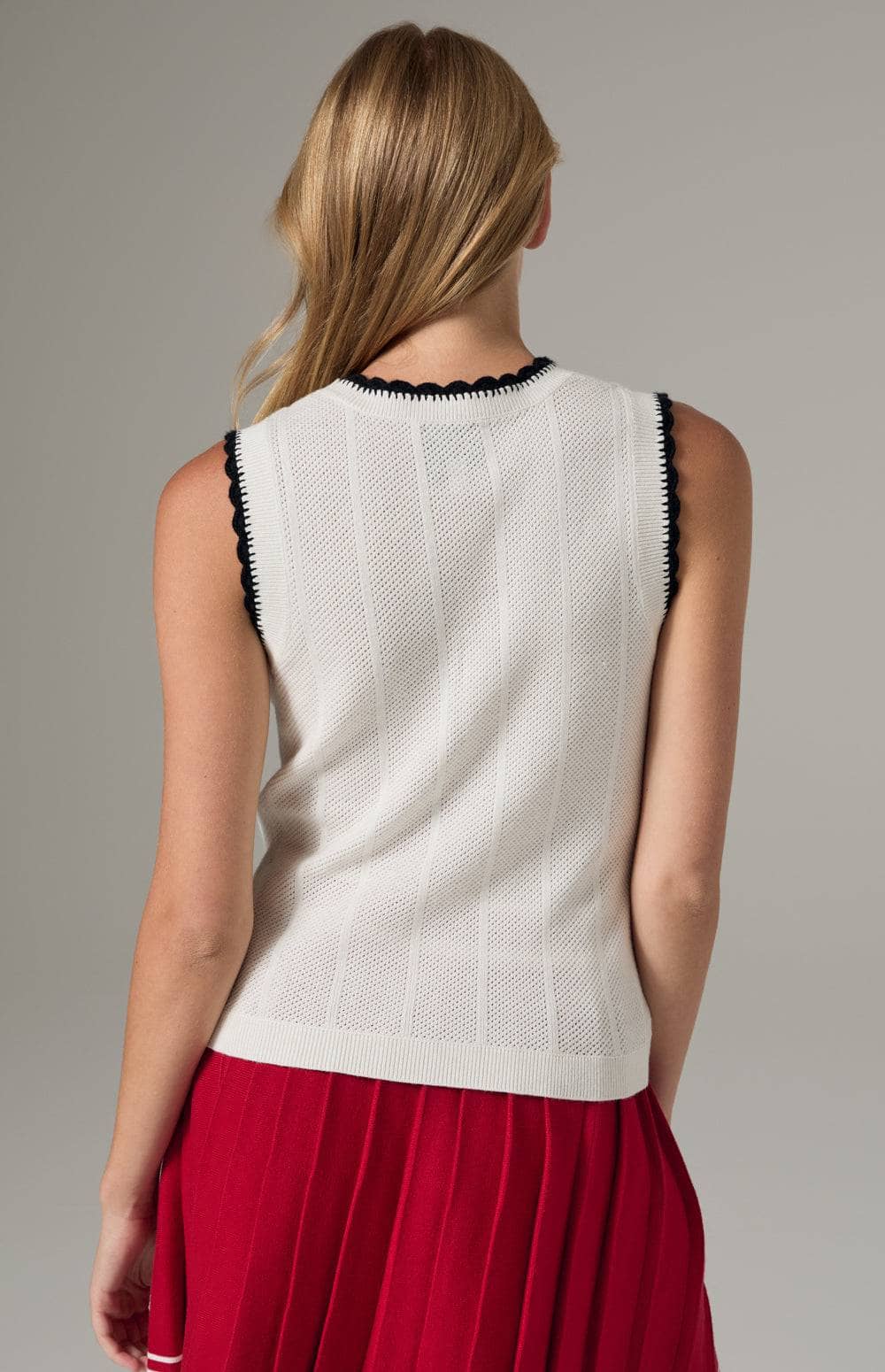 Alp N Rock Lillian Sweater Tank, Women's White Knit Tank with Black Scallop Edge