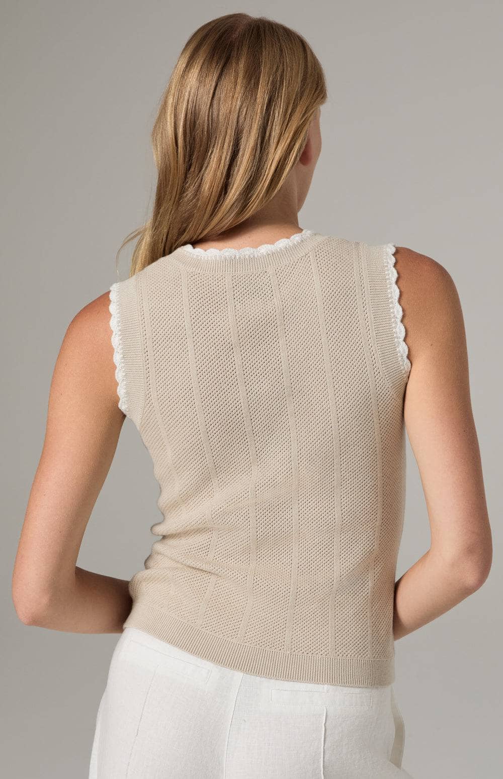 Alp N Rock Lillian Sweater Tank, Women's Beige Knit Tank with White Scallop Edge