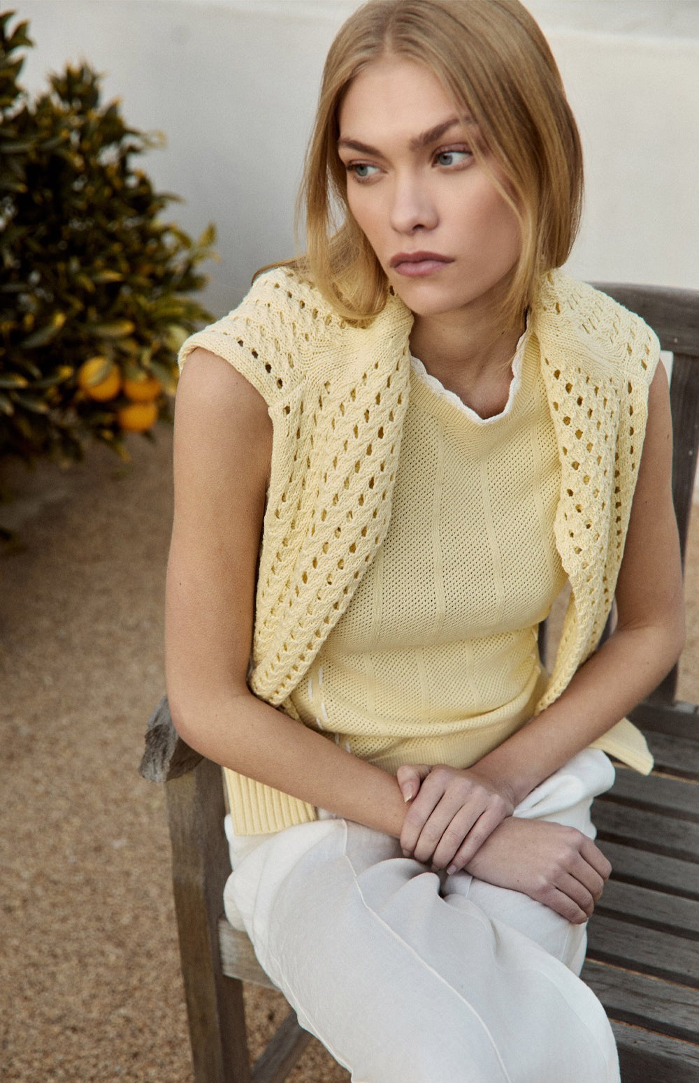 Alp N Rock Lillian Tank, Women's Pale Yellow Knit Tank with White Scallop Trim Detail