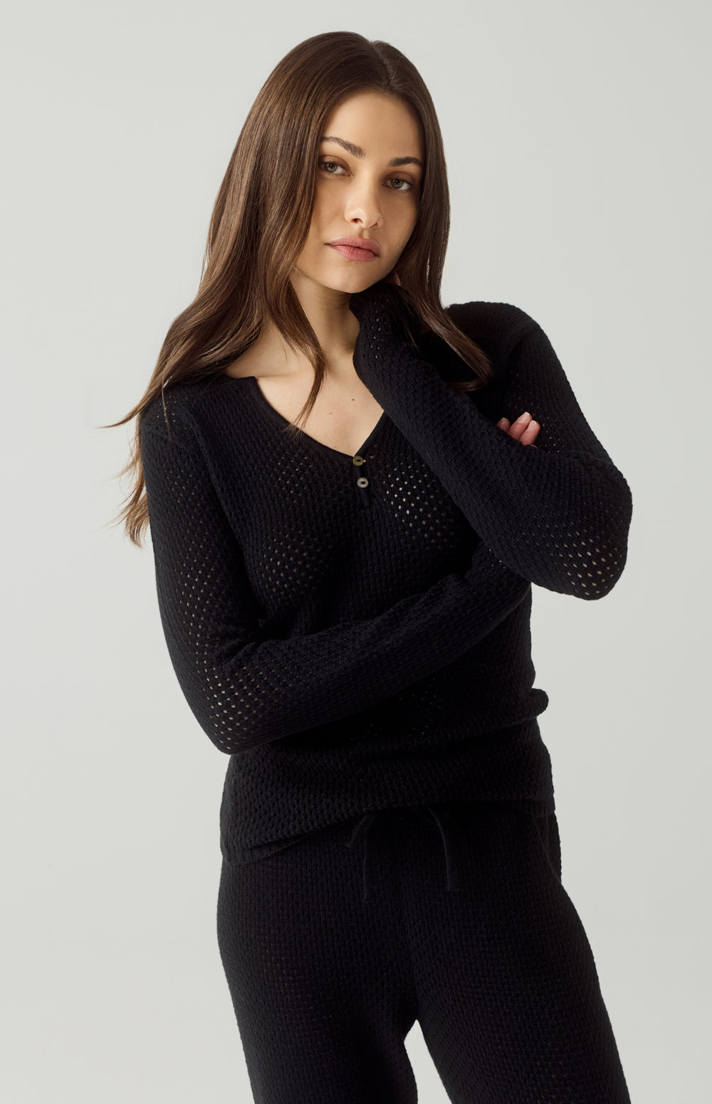 Alp N Rock Lindsey Sweater, black longsleeve henley style sweater for women