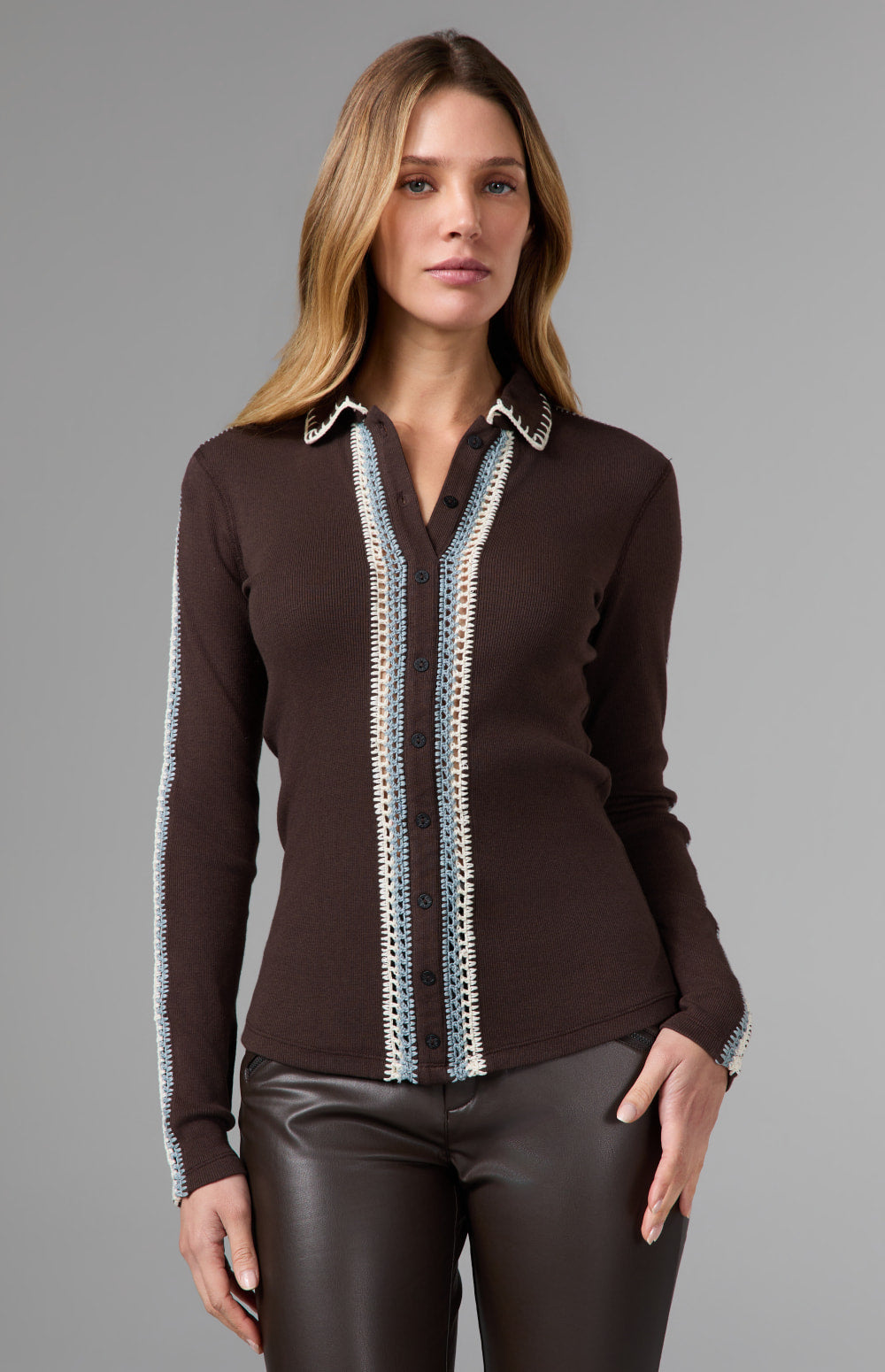 Alp N Rock Loren Longsleeve Polo Shirt, dark brown longsleeve polo shirt with button front and a crochet trim